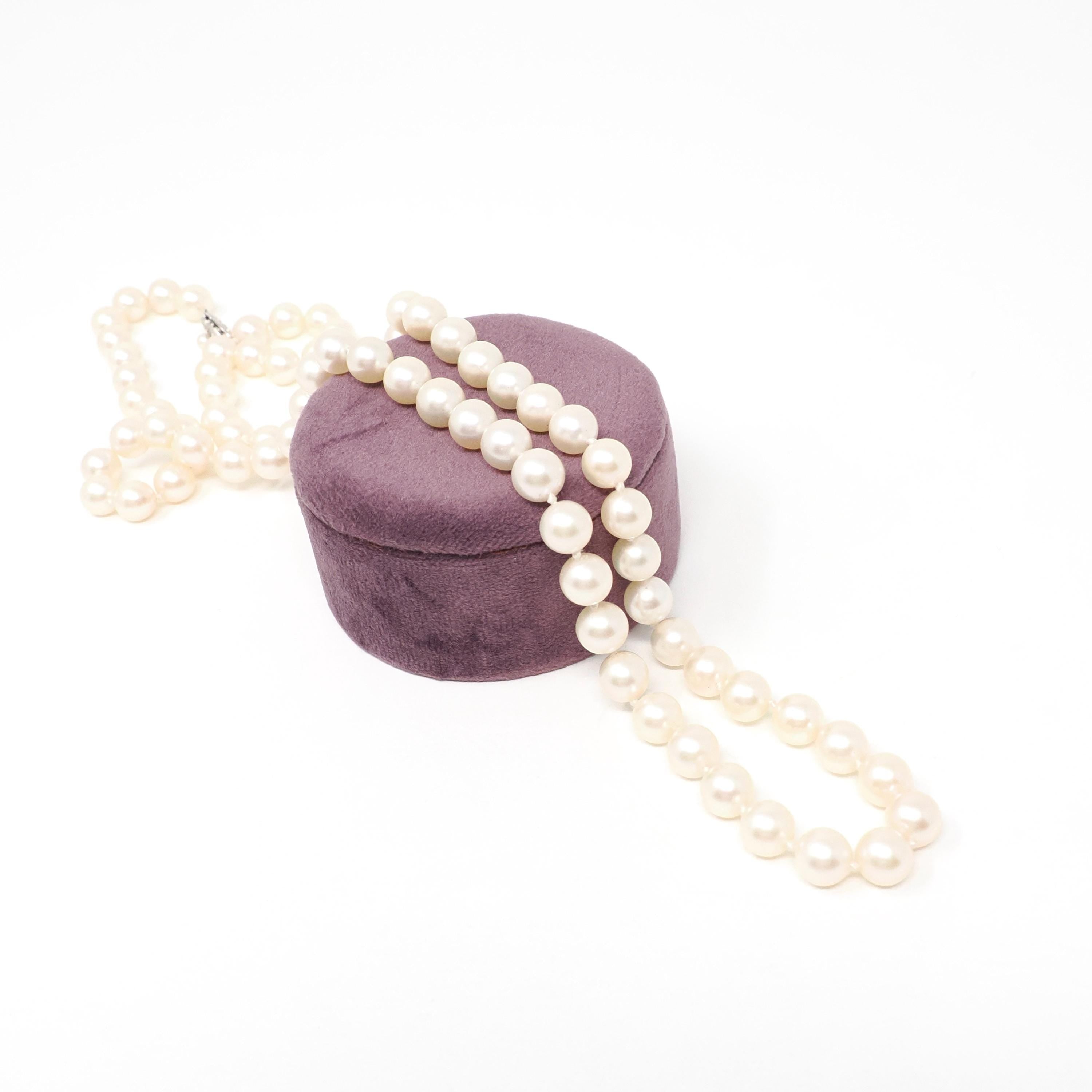 Cultured Pearl Necklace - Vintage 14k White Gold Individually Knotted 7 MM Strand - Mid Century Era Circa 1960s Era Statement Fine Jewelry