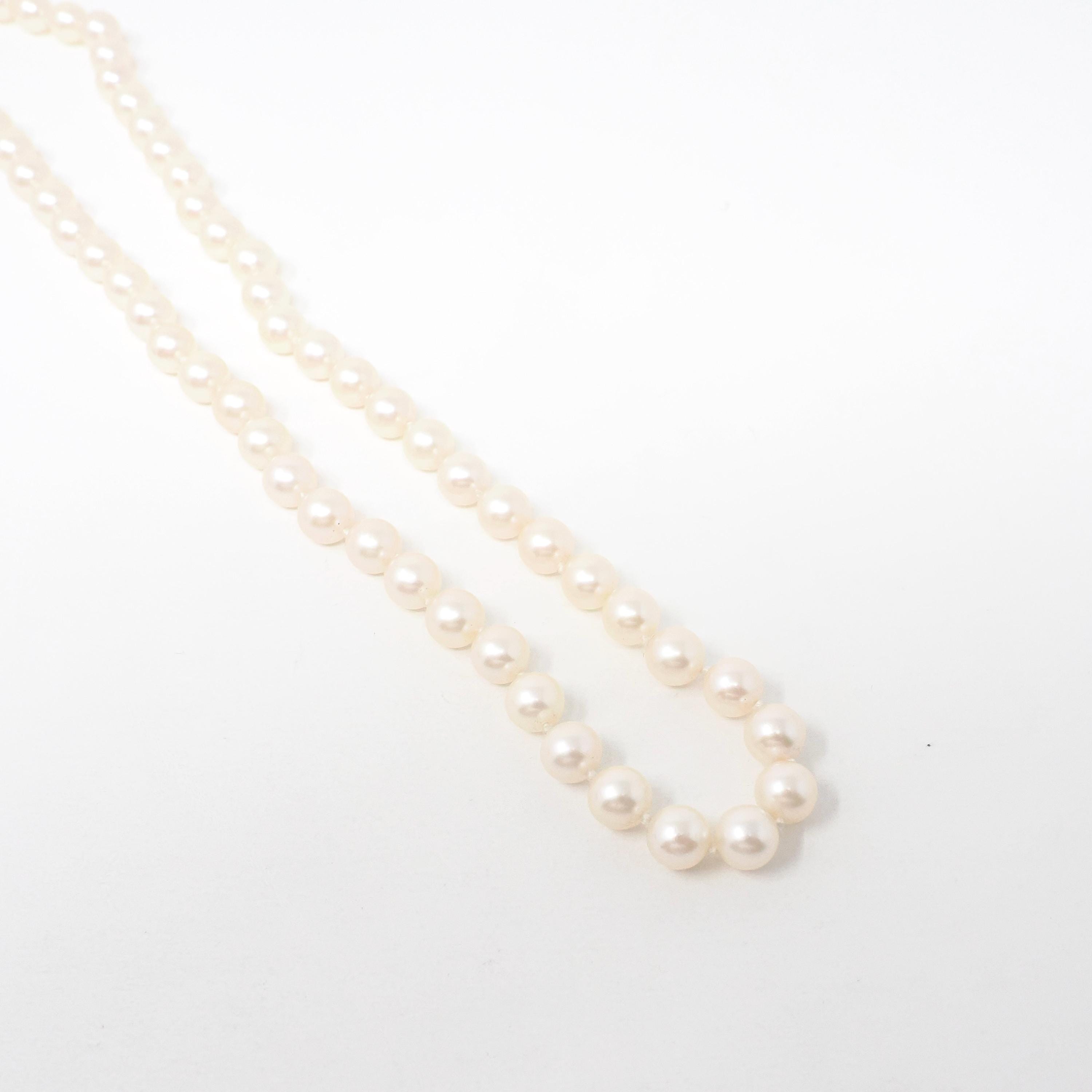 Cultured Pearl Necklace - Vintage 14k White Gold Individually Knotted 7 MM Strand - Mid Century Era Circa 1960s Era Statement Fine Jewelry