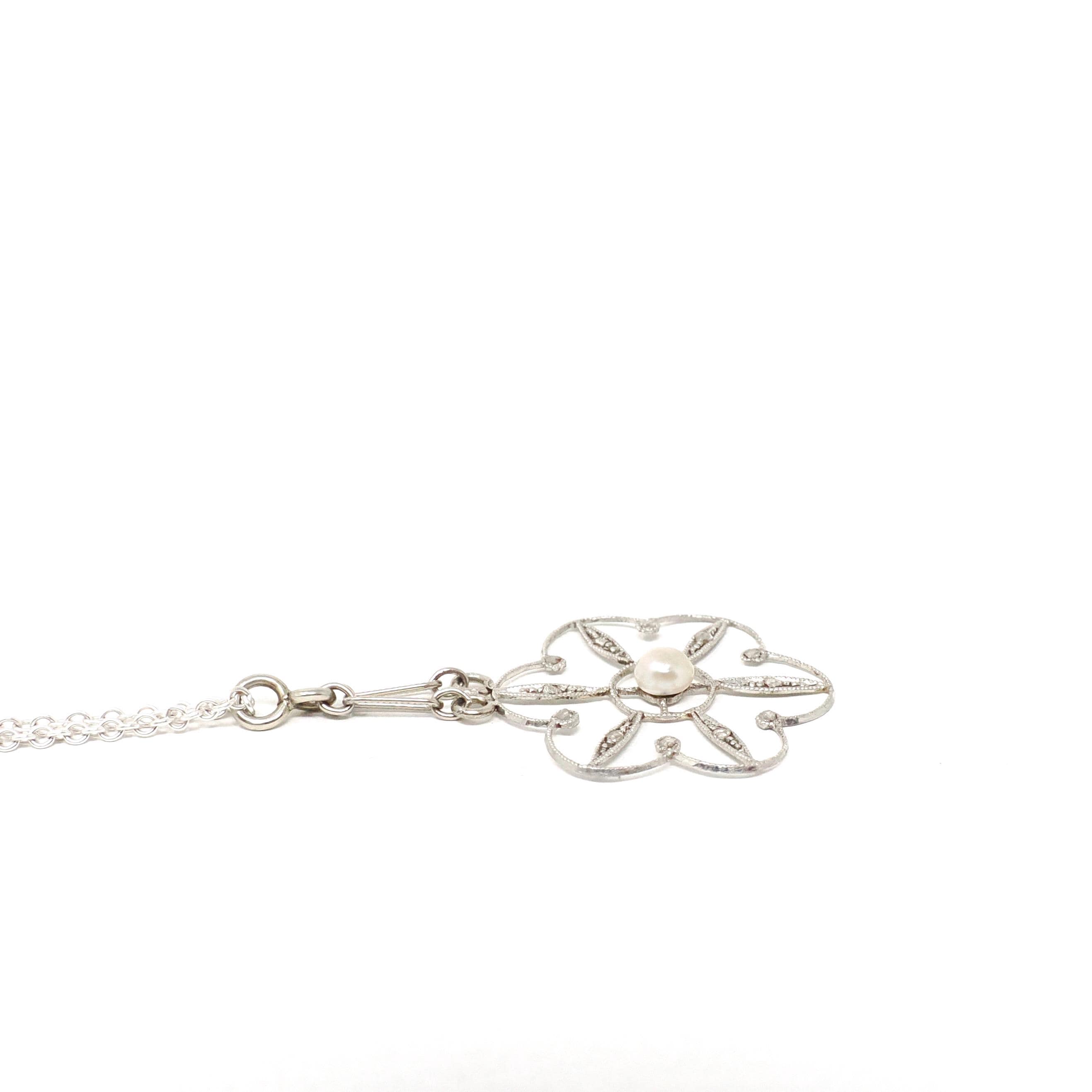 Antique Flower Pendant - Edwardian Era Platinum 10k White Gold Figural Floral Lavalier - Circa 1900s Pearl Diamond Converted Fine Jewelry