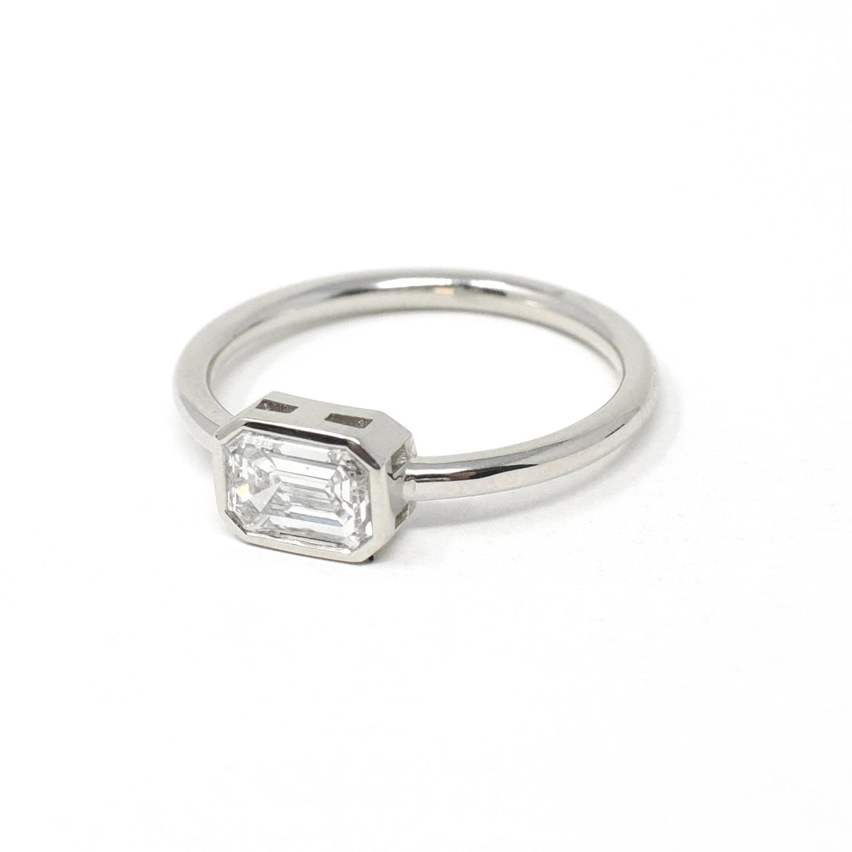 Emerald Cut Diamond Engagement Ring - Platinum Bezel East West Modern Setting - Minimalist Recycled Vintage Diamond GIA Report Fine Jewelry
