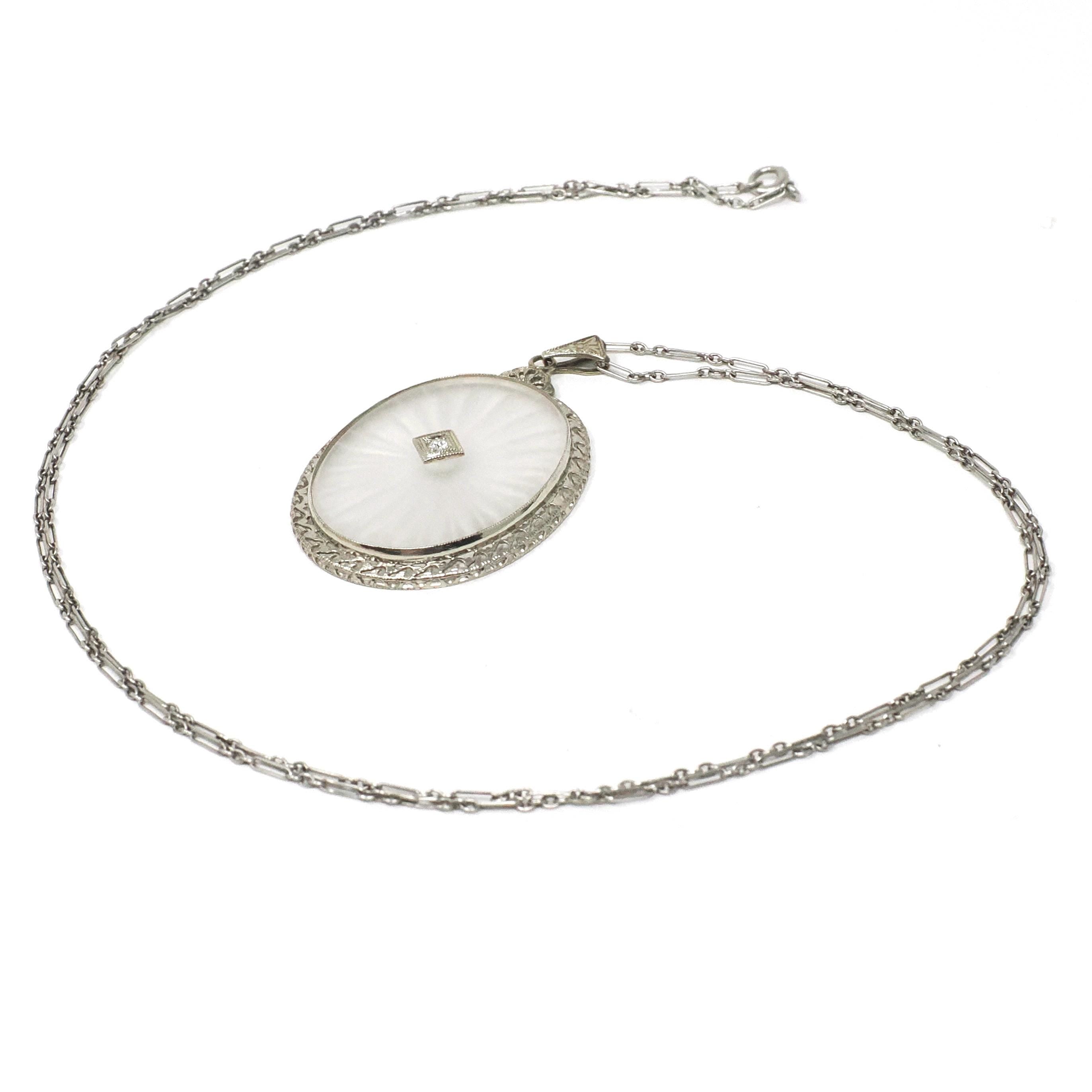 Rock Crystal Quartz Necklace - Art Deco 14k White Gold Oval Natural Diamond Pendant - Antique Circa 1920s Statement Filigree Fine Jewelry