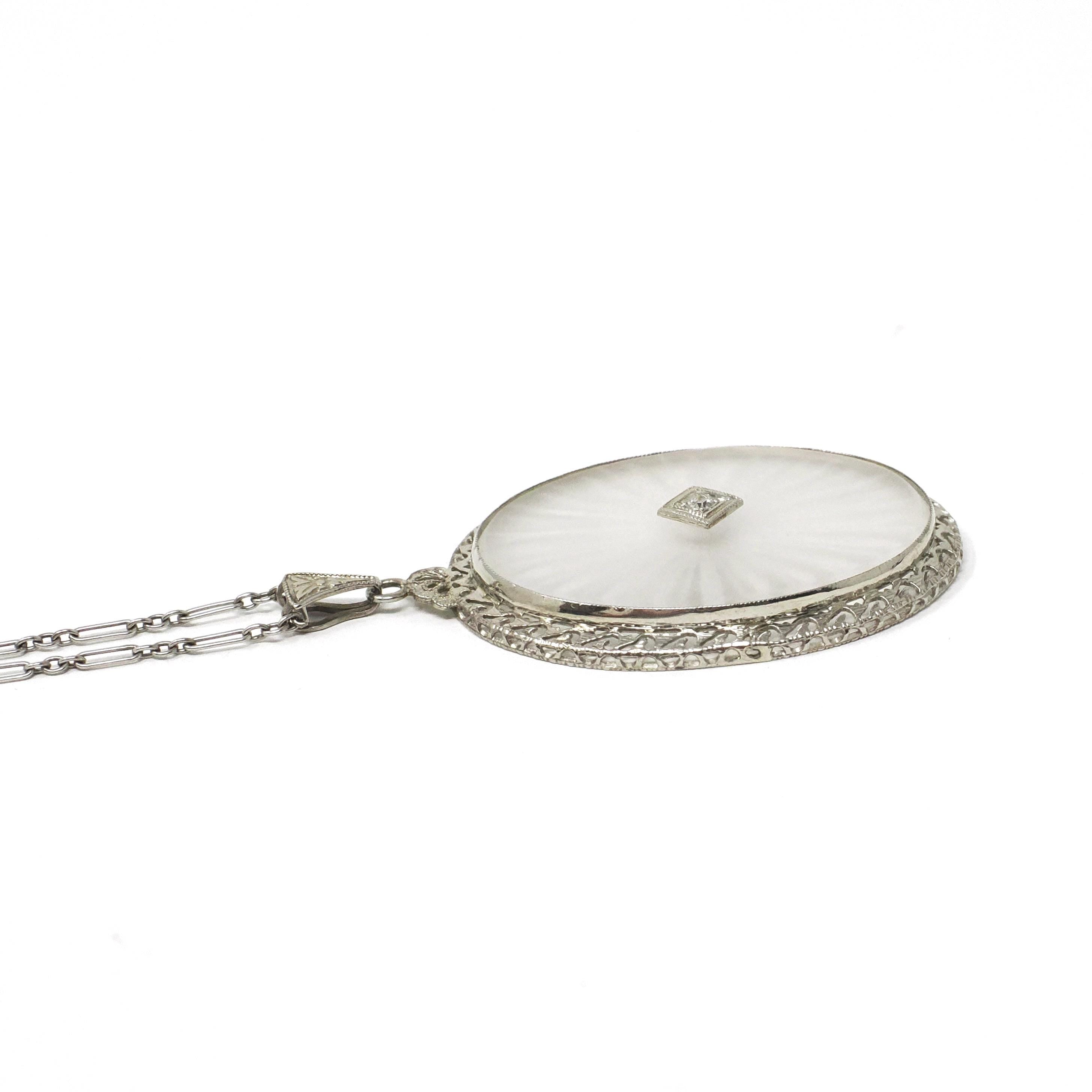 Rock Crystal Quartz Necklace - Art Deco 14k White Gold Oval Natural Diamond Pendant - Antique Circa 1920s Statement Filigree Fine Jewelry