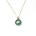 Floral Halo Necklace - Modern 14k Yellow Gold Natural .16 CT Diamond & Emerald Gemstones - Circa 1990s Petite Flower Pendant Fine Jewelry