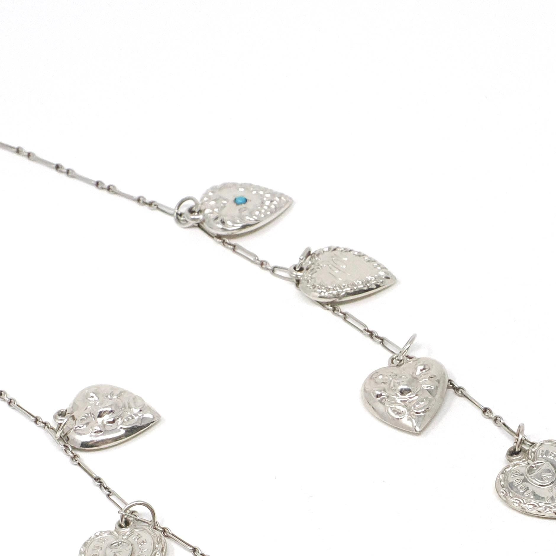 Forget Me Not Charm Necklace - Mid Century Sterling Silver Puffy Heart Pendants - Circa 1940s Repousse Designs Engraved Remembrance Jewelry