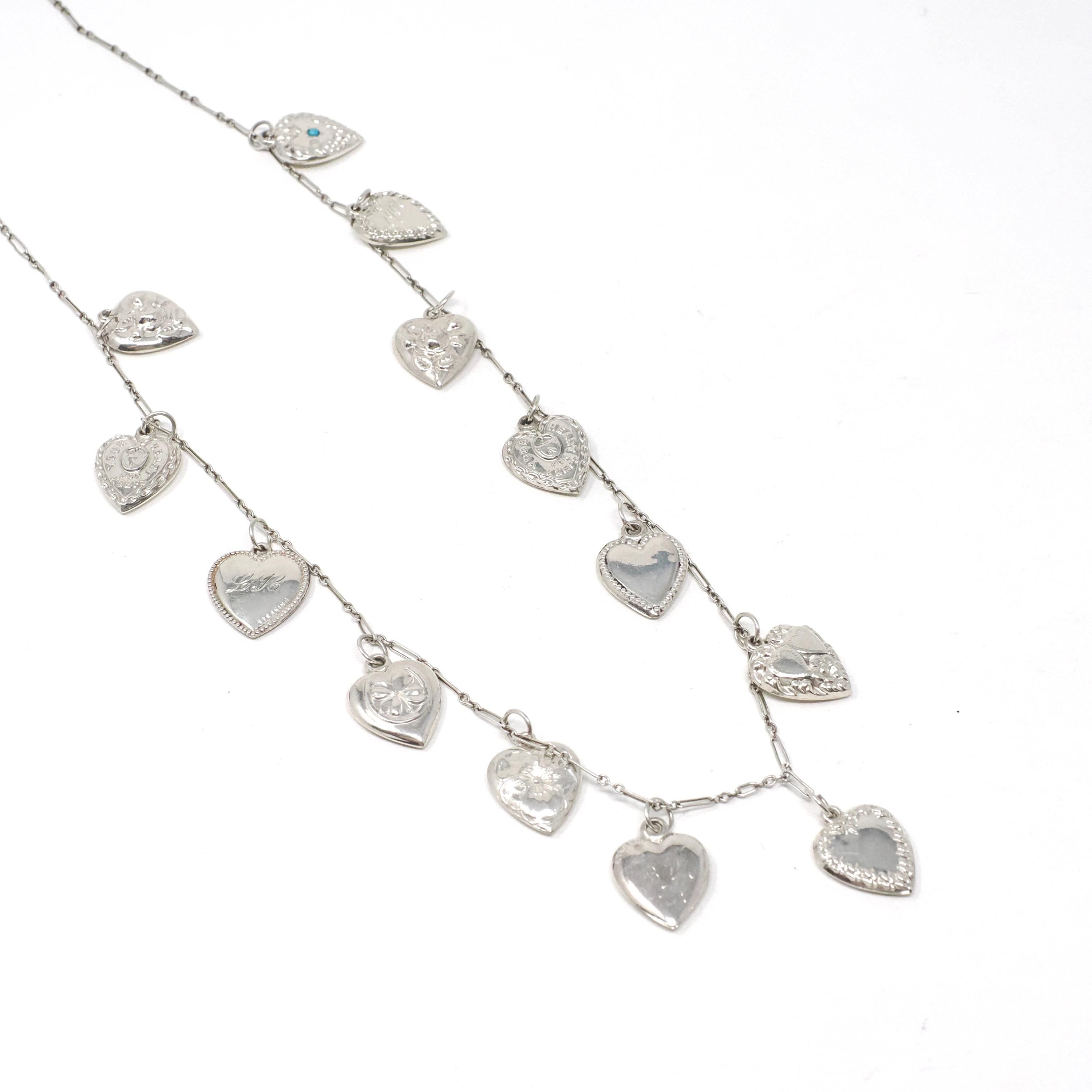 Forget Me Not Charm Necklace - Mid Century Sterling Silver Puffy Heart Pendants - Circa 1940s Repousse Designs Engraved Remembrance Jewelry