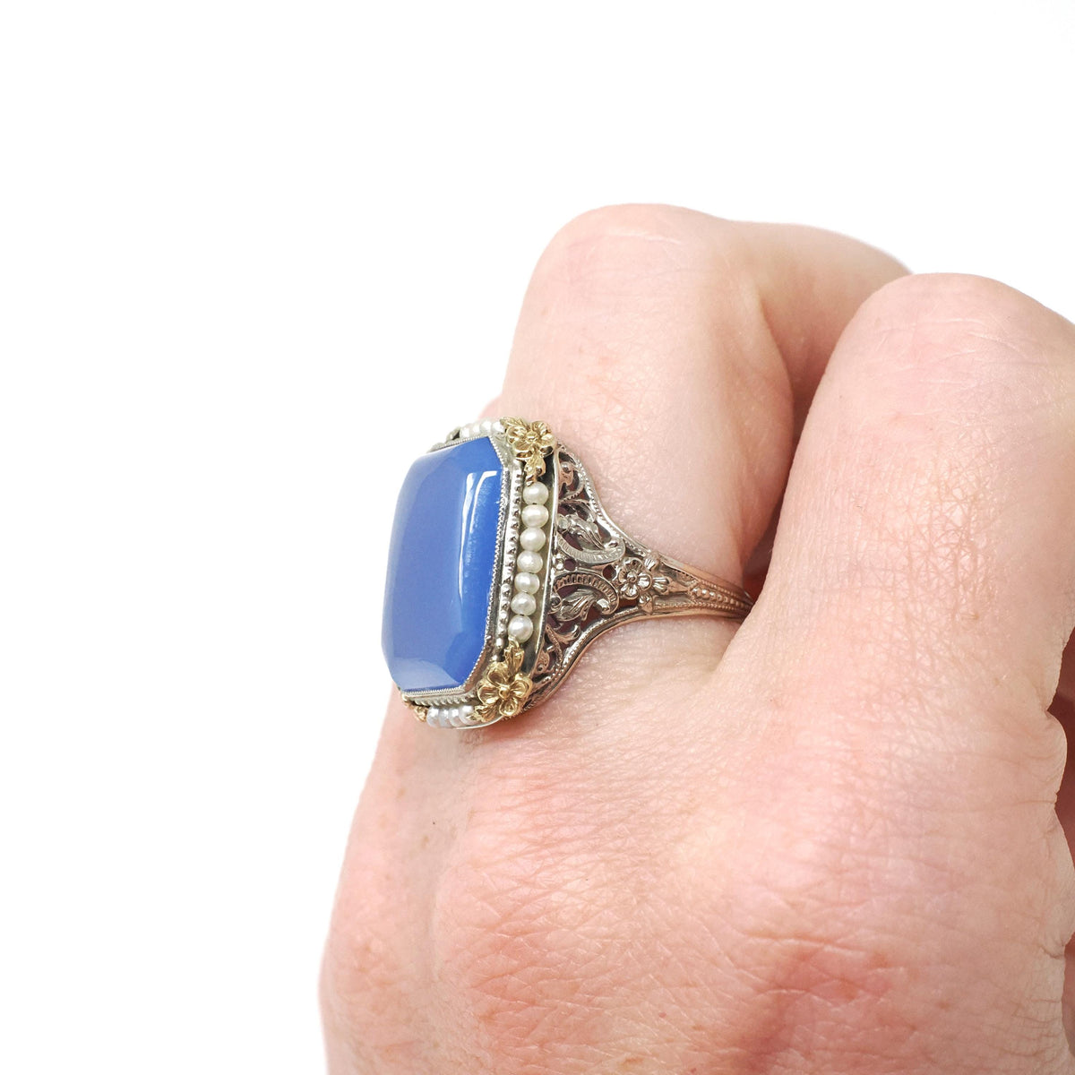 Art Deco Ring - Vintage 14k Yellow & White Gold Lavender Dyed Chalcedony Gemstone - Circa 1930s Size 5 3/4 Filigree Seed Pearl Fine Jewelry