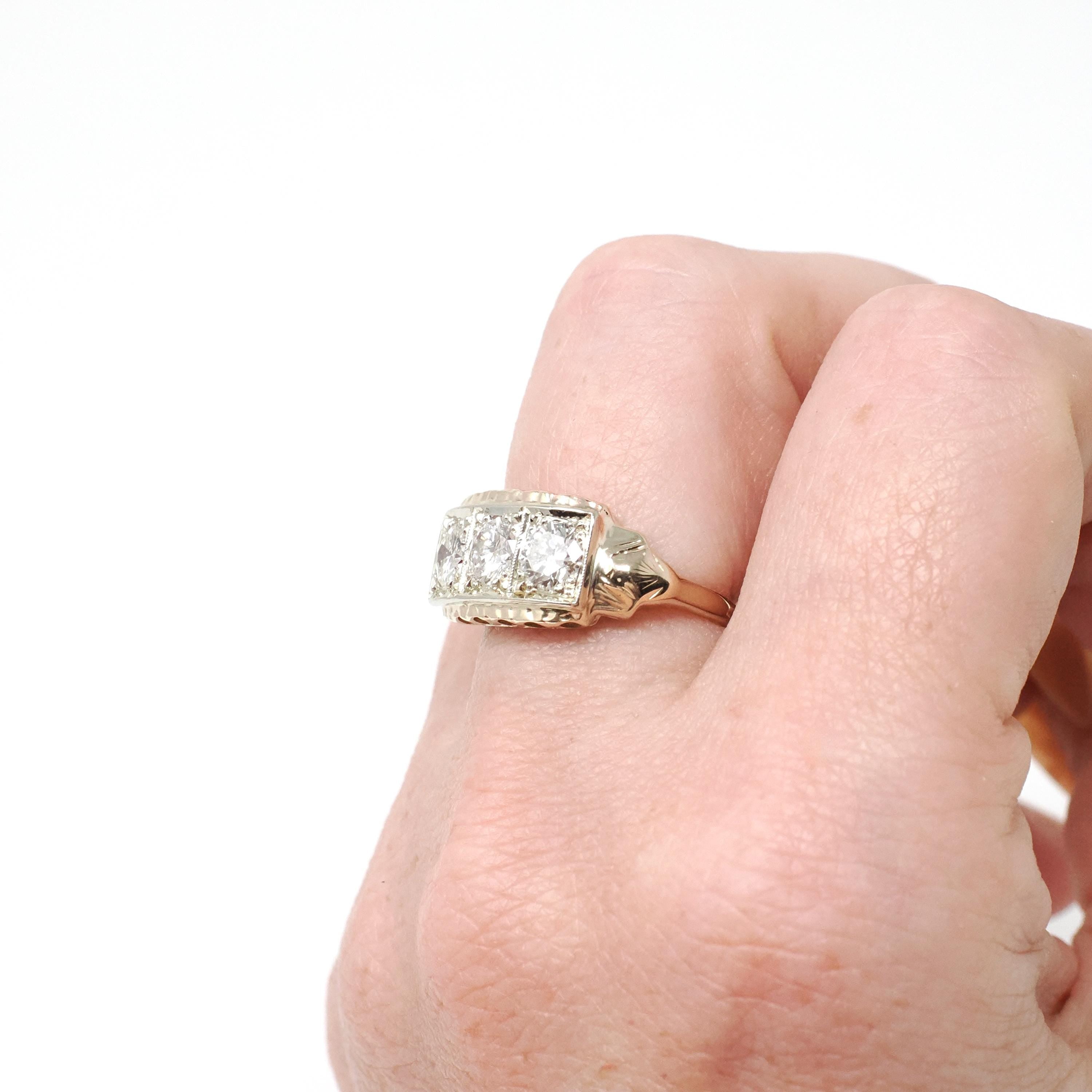 Vintage Diamond Ring - 14k Yellow Gold Three Stone Anniversary Band - Mid Century Circa 1940s Size 4 3/4 Cocktail 1.05 CTW Fine Jewelry