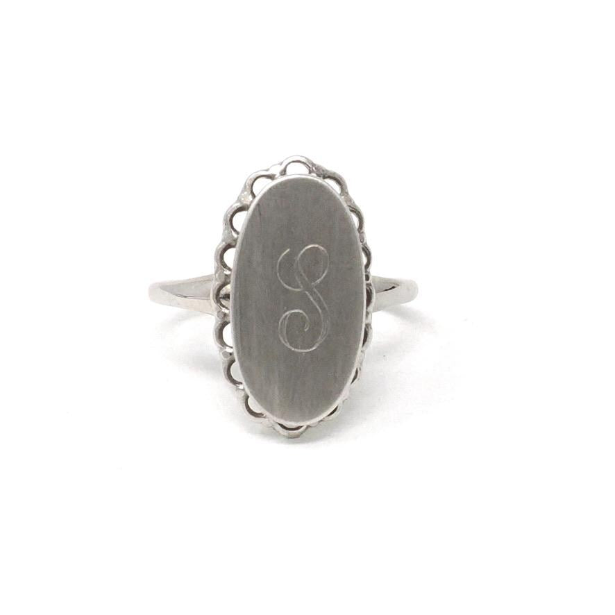 Letter "S" Signet Ring - Retro 10k White Gold Engraved Script Initial Statement - Vintage Circa 1960s Size 6 Fine 60s Scalloped Halo Jewelry