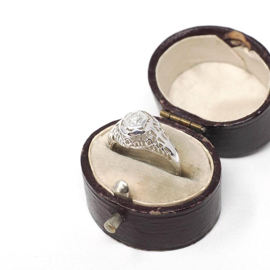 Vintage Diamond Ring - Art Deco 18k White Gold Natural .10 CT Solitaire Engagement - Circa 1930s Size 3 3/4 Hexagonal Filigree Fine Jewelry