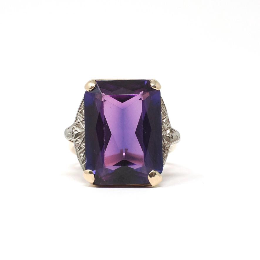 Created Color Change Sapphire Ring - Mid Century 10k Yellow & White Gold French Cut Purple Blue Gem - 1940s Era Size 6 1/4 Fine Jewelry