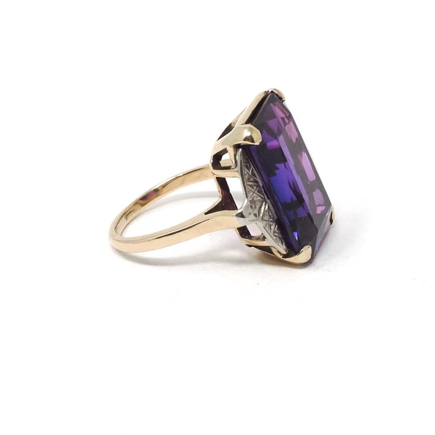 Created Color Change Sapphire Ring - Mid Century 10k Yellow & White Gold French Cut Purple Blue Gem - 1940s Era Size 6 1/4 Fine Jewelry