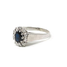 Sapphire & Diamond Halo Ring - 9k White Gold Oval Blue Gemstone Engagement - Dated 1979 Retro Era Size 9 1/4 Fine Hallmarked Bridal Jewelry