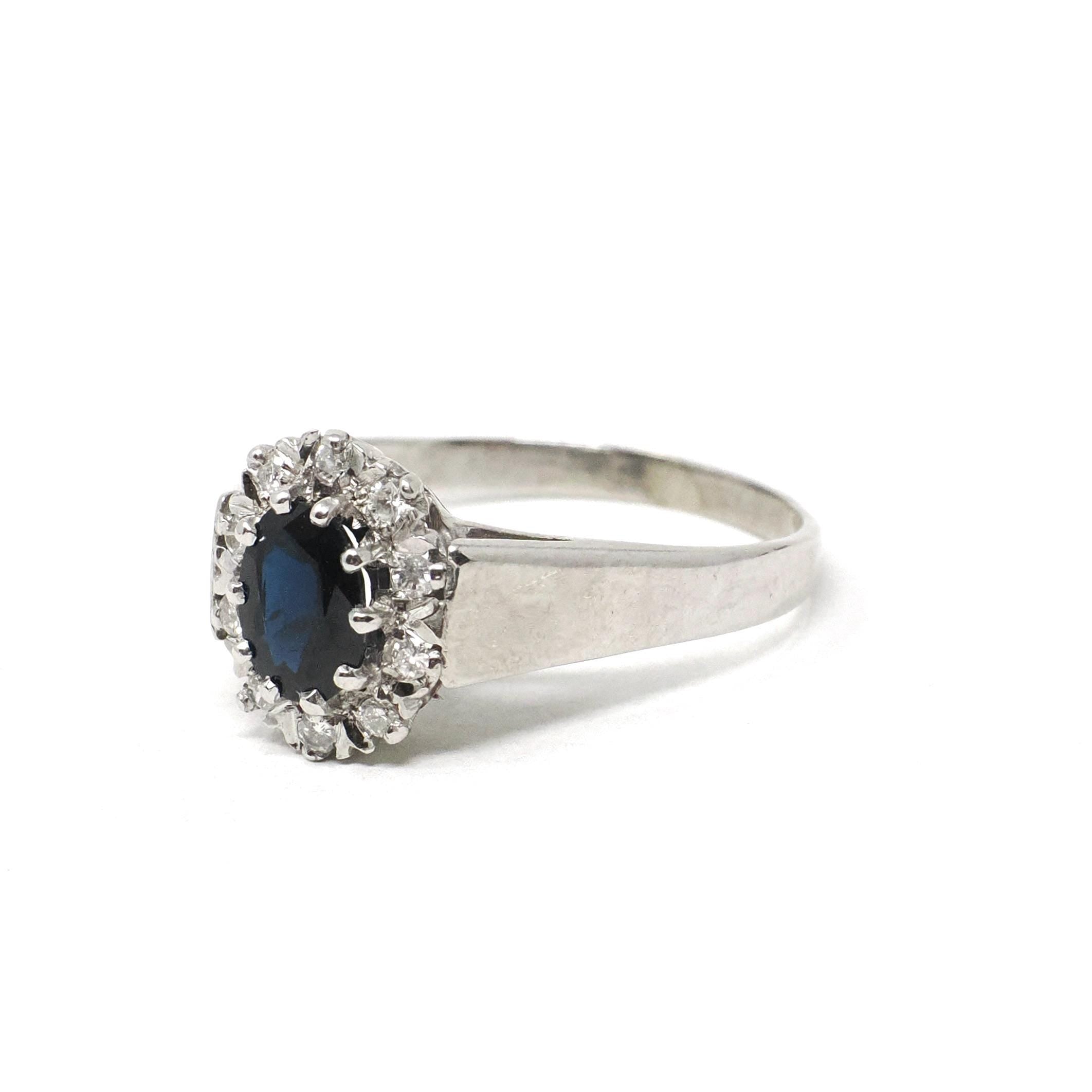 Sapphire & Diamond Halo Ring - 9k White Gold Oval Blue Gemstone Engagement - Dated 1979 Retro Era Size 9 1/4 Fine Hallmarked Bridal Jewelry