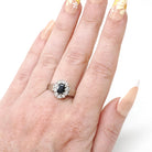 Sapphire & Diamond Halo Ring - 9k White Gold Oval Blue Gemstone Engagement - Dated 1979 Retro Era Size 9 1/4 Fine Hallmarked Bridal Jewelry