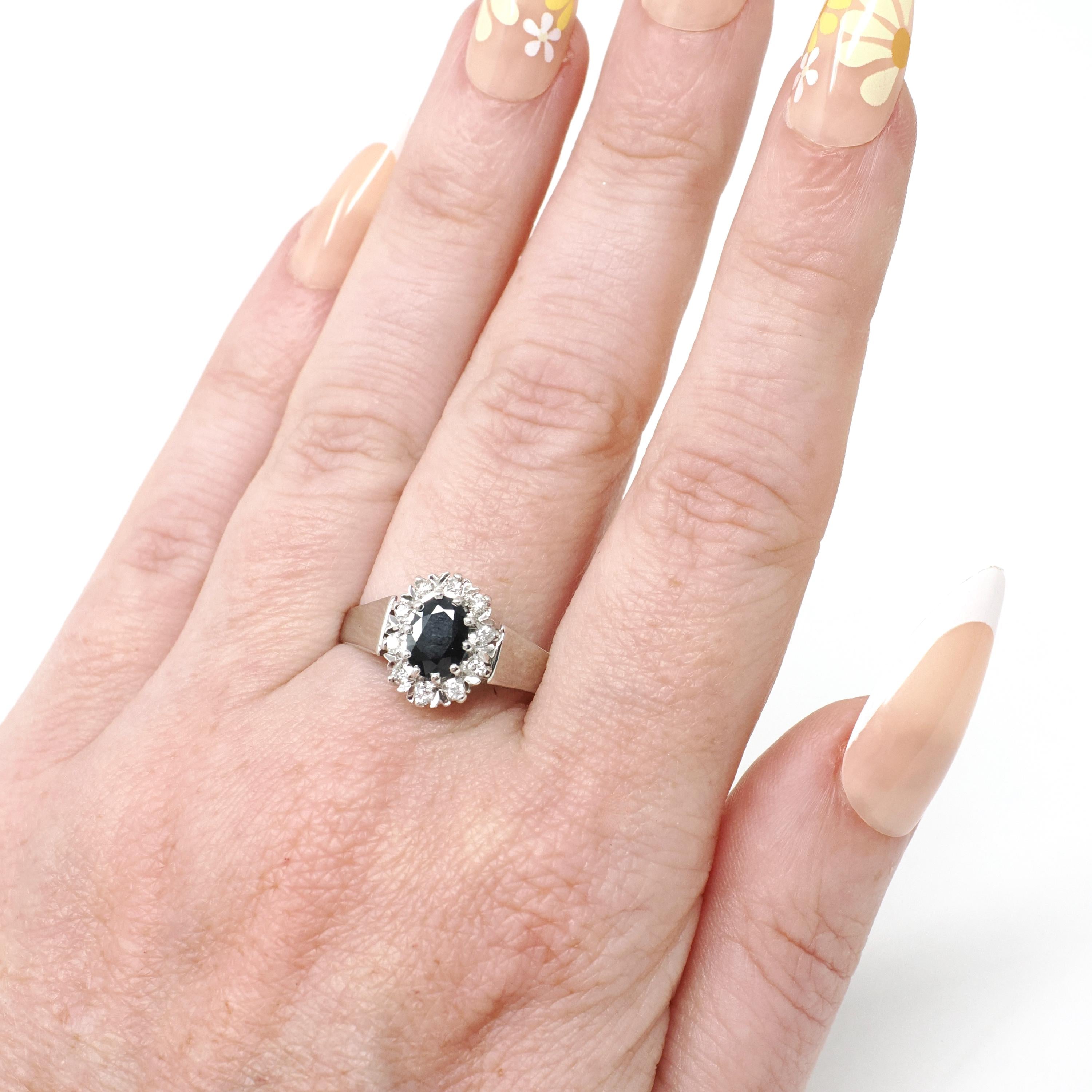 Sapphire & Diamond Halo Ring - 9k White Gold Oval Blue Gemstone Engagement - Dated 1979 Retro Era Size 9 1/4 Fine Hallmarked Bridal Jewelry