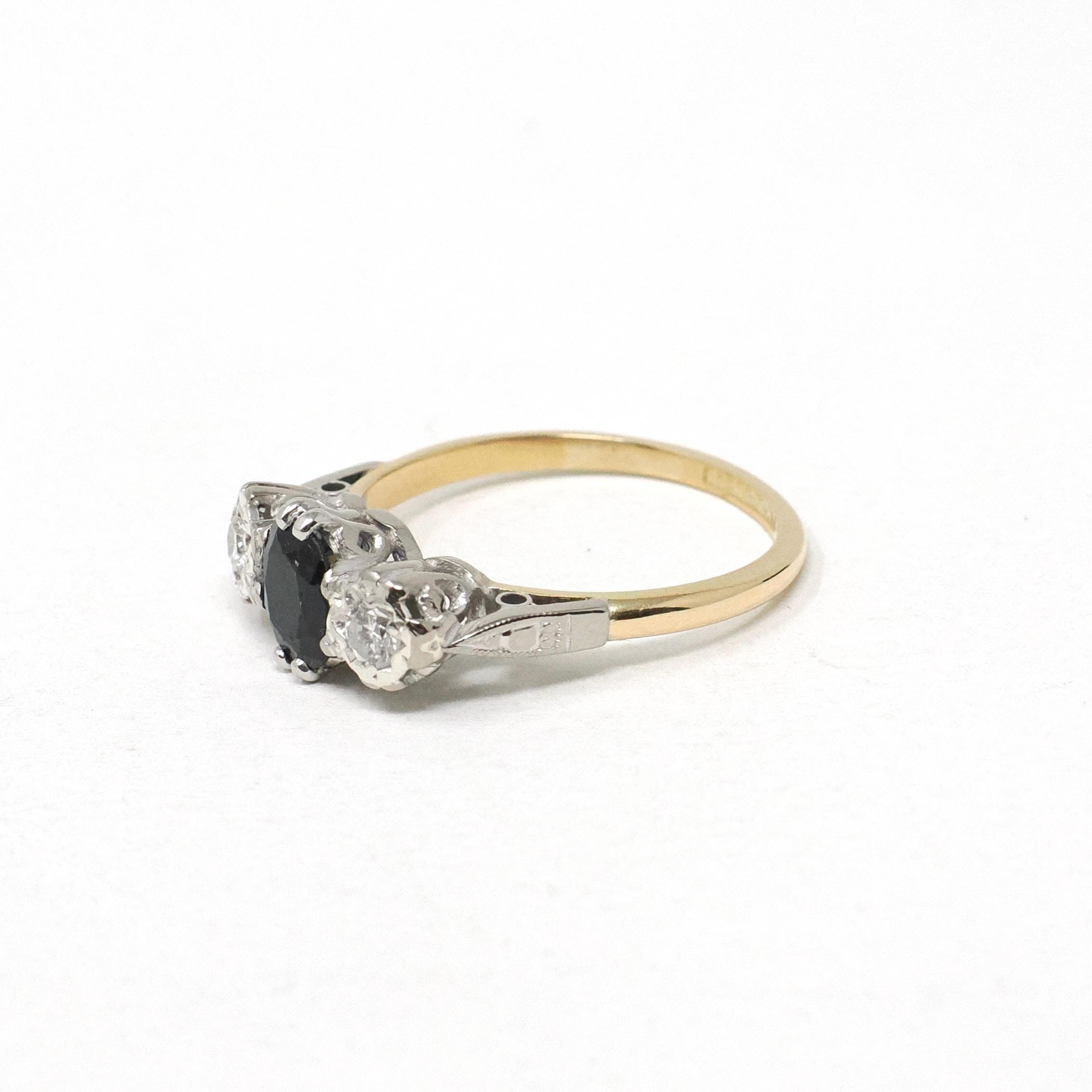 Vintage Sapphire & Diamond Ring - Mid Century 18k Yellow Gold Platinum Natural Three Stone - Circa 1950s Size 5 3/4 Fine Anniversary Jewelry
