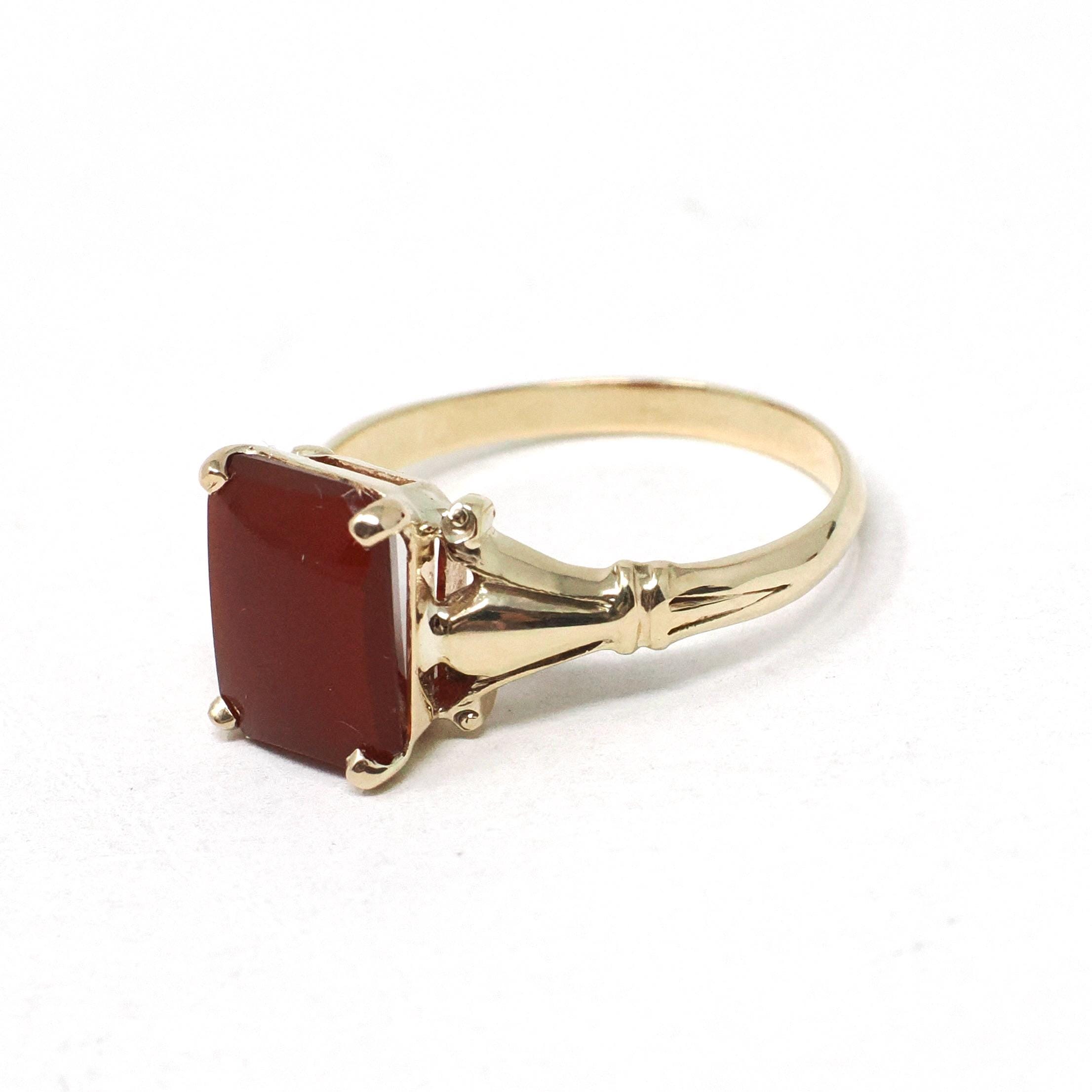 Vintage Carnelian Ring - Mid Century 14k Yellow Gold Natural Red Rectangle Gemstone - Circa 1940s Era Size 7 1/4 Fine Statement Jewelry