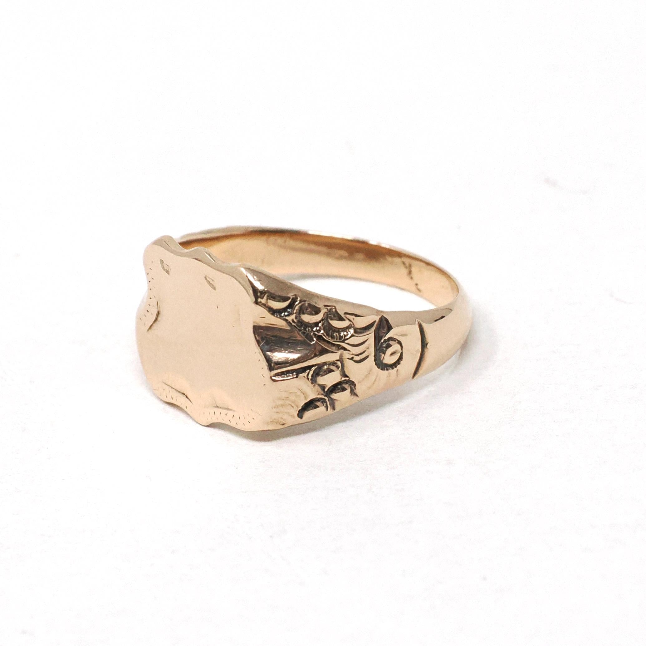 Edwardian Signet Ring - Antique 10k Rosy Yellow Gold Blank Shield Statement Unisex Band - Circa 1900s Era Size 5 1/2 Fine Floral Jewelry