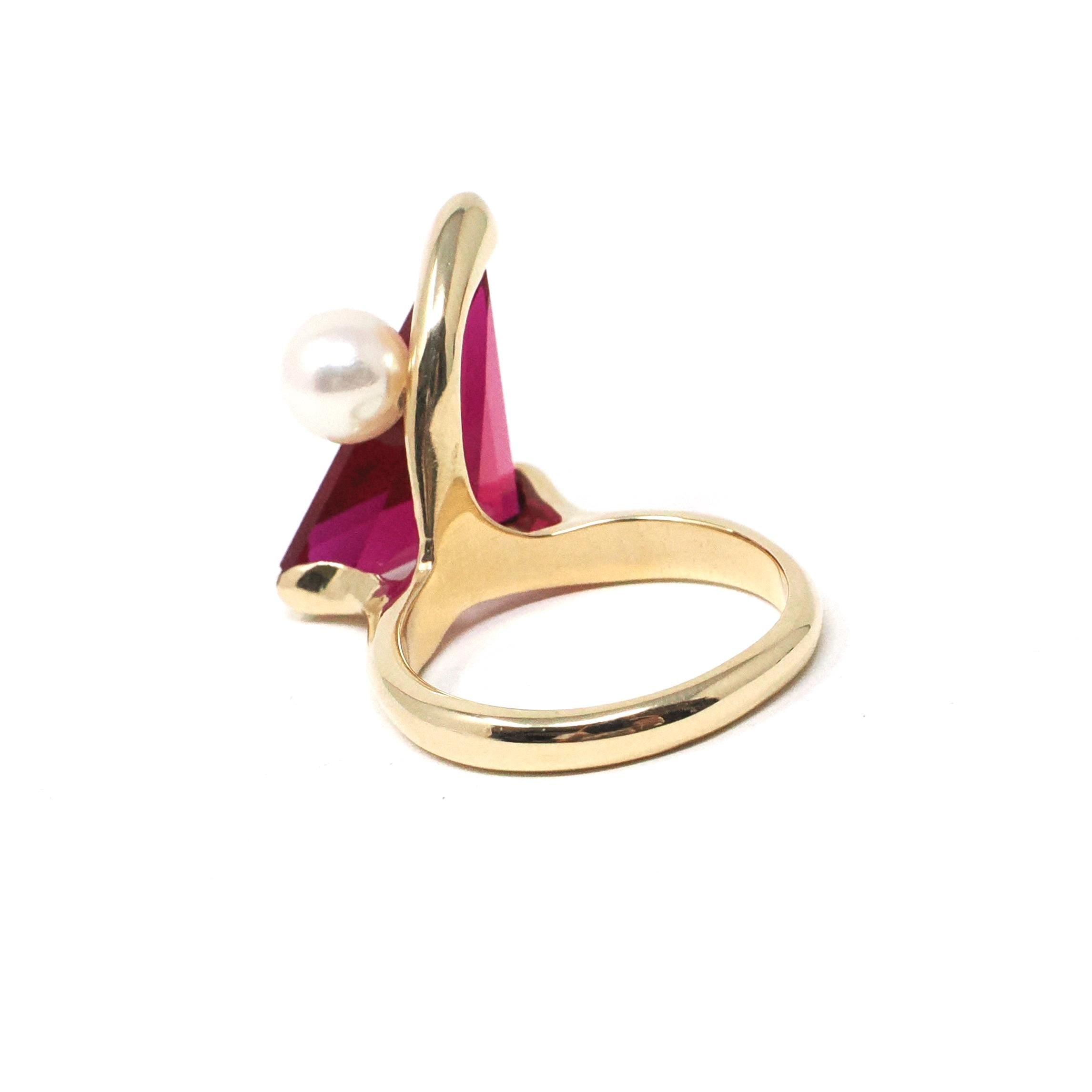 Created Ruby Ring - Retro Era 14k Yellow Gold Fancy Triangle Cut Gemstone - Vintage Circa 1970s Era Size 6 1/4 Pearl Accent Fine Jewelry