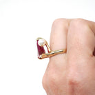 Created Ruby Ring - Retro Era 14k Yellow Gold Fancy Triangle Cut Gemstone - Vintage Circa 1970s Era Size 6 1/4 Pearl Accent Fine Jewelry