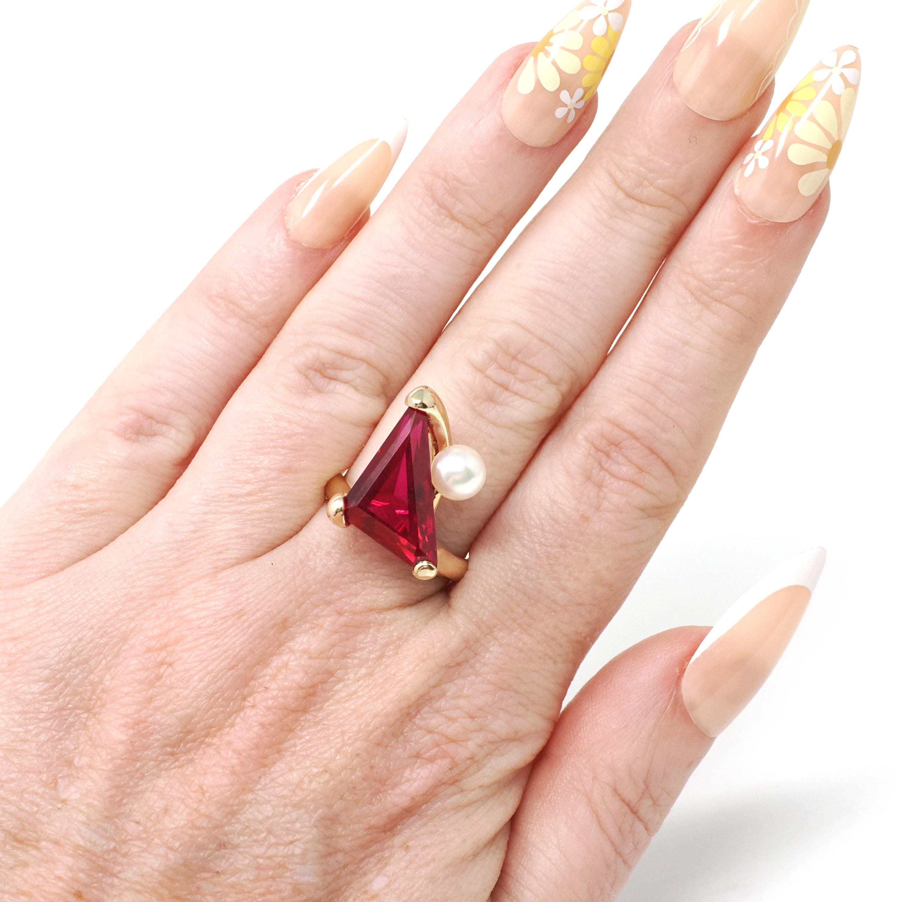Created Ruby Ring - Retro Era 14k Yellow Gold Fancy Triangle Cut Gemstone - Vintage Circa 1970s Era Size 6 1/4 Pearl Accent Fine Jewelry