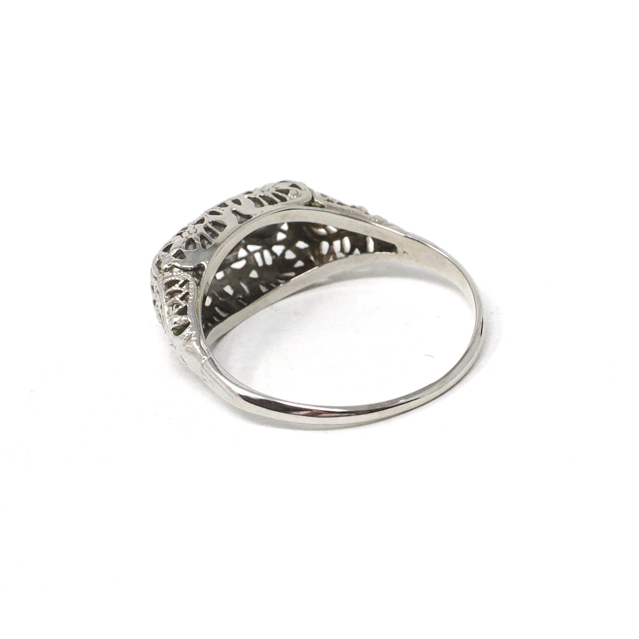 Art Deco Filigree Ring - Vintage 18k White Gold .07 CTW Natural Diamond Band - Circa 1930s Size 7 3/4 Bridal Fine Wedding Engagement Jewelry