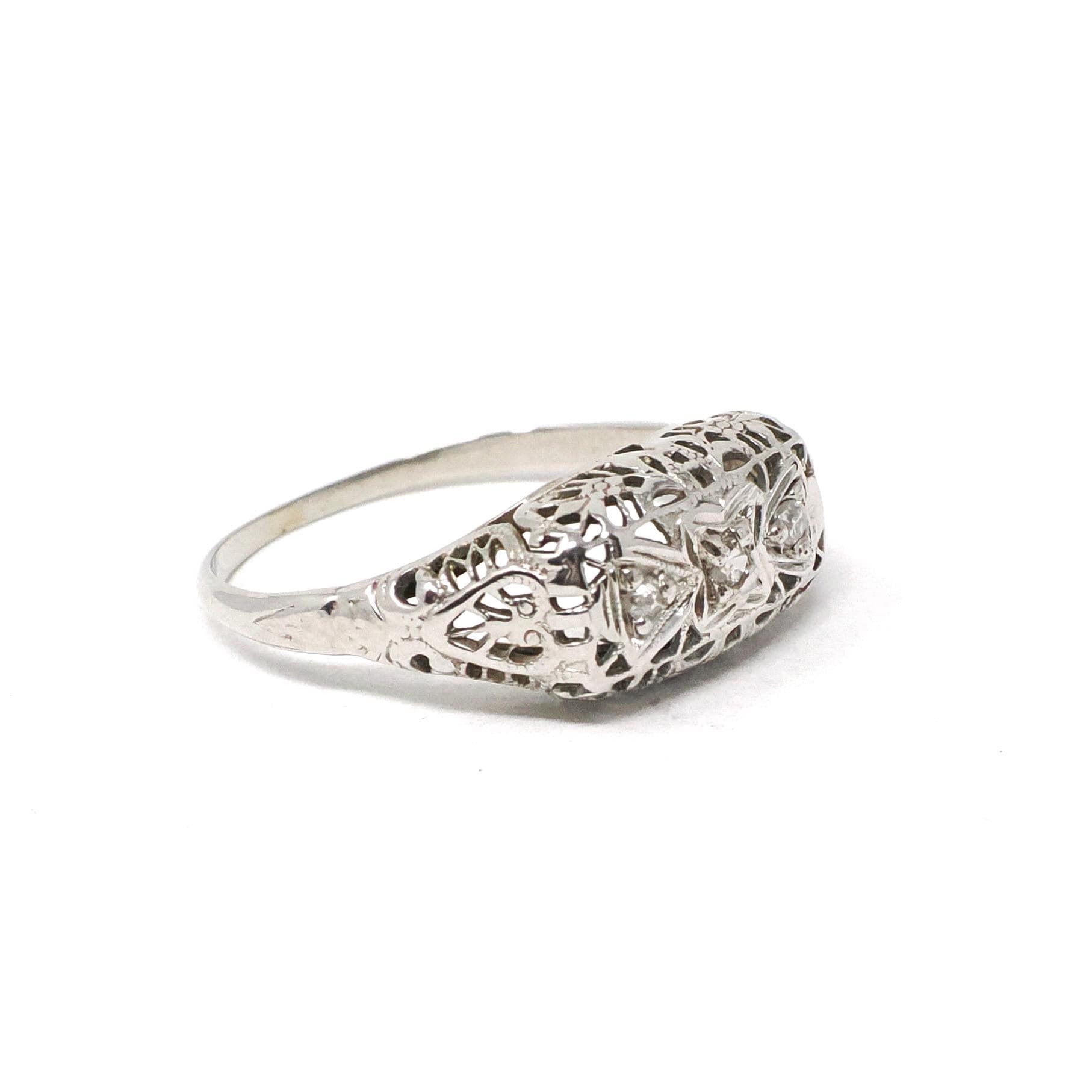 Art Deco Filigree Ring - Vintage 18k White Gold .07 CTW Natural Diamond Band - Circa 1930s Size 7 3/4 Bridal Fine Wedding Engagement Jewelry