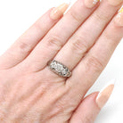 Art Deco Filigree Ring - Vintage 18k White Gold .07 CTW Natural Diamond Band - Circa 1930s Size 7 3/4 Bridal Fine Wedding Engagement Jewelry