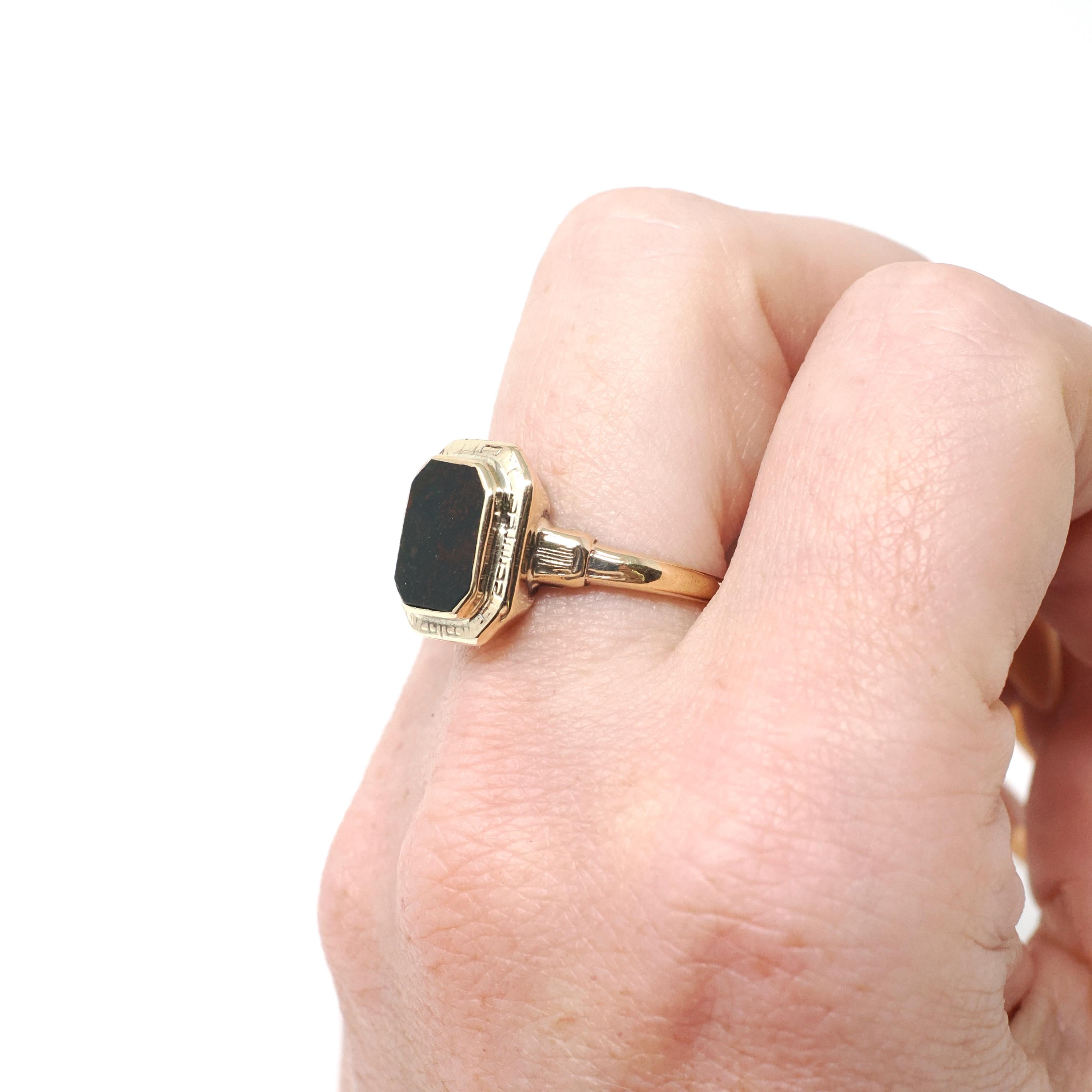 Vintage Bloodstone Ring - Art Deco 10k Yellow Gold Green & Oxblood Red Gemstone - Circa 1930s March Birthstone Size 6 Greek Key Fine Jewelry
