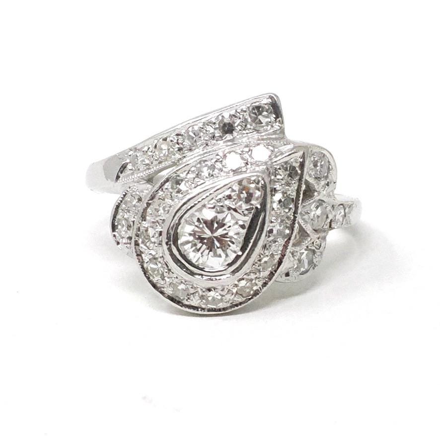 Diamond Cluster Ring - Retro Era 14k White Gold .77 CTW Pear Teardrop Cocktail Statement - Vintage 1960s Size 5 1/4 Bypass Fine Jewelry