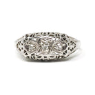 Art Deco Filigree Ring - Vintage 18k White Gold .07 CTW Natural Diamond Band - Circa 1930s Size 7 3/4 Bridal Fine Wedding Engagement Jewelry