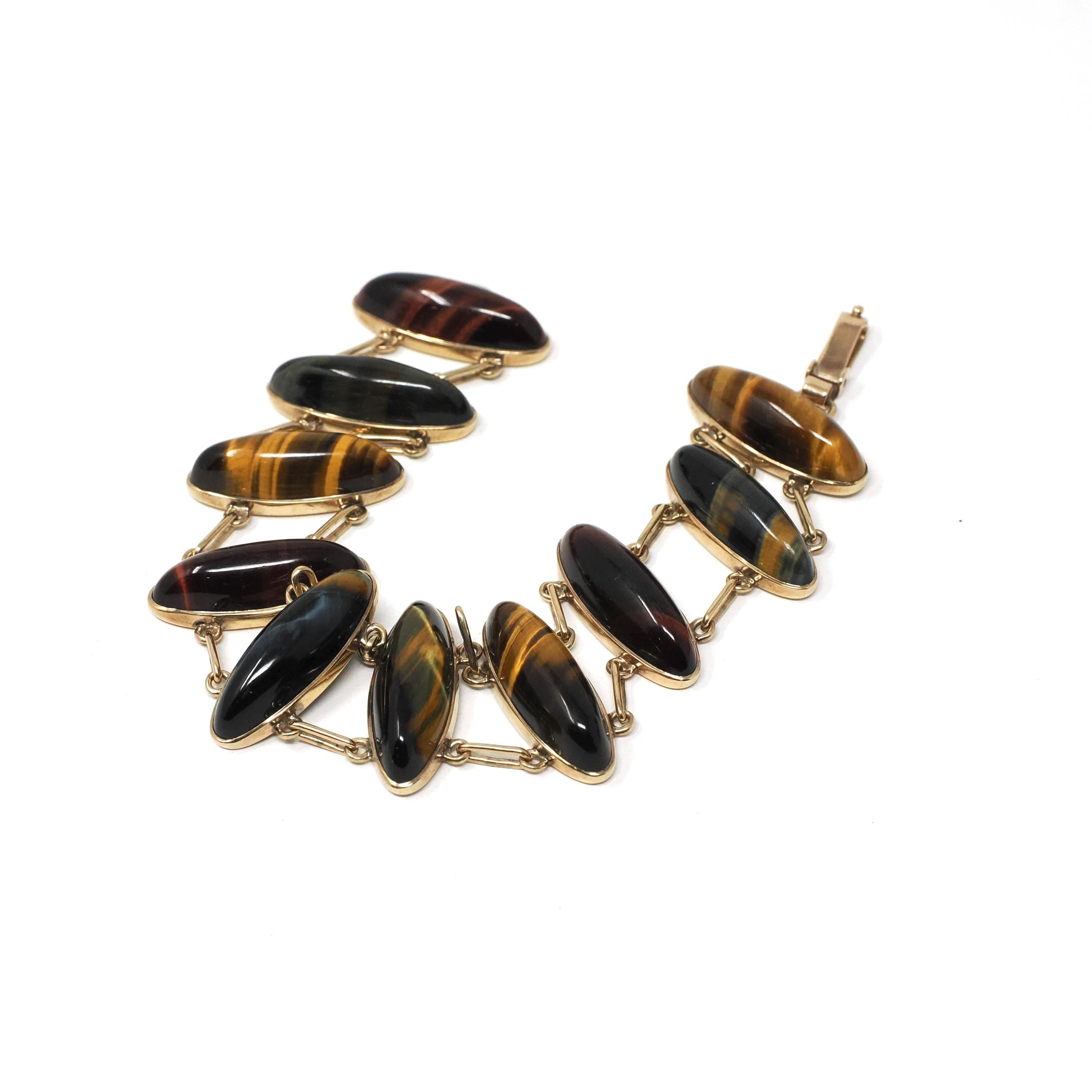 Vintage Tiger's & Hawk's Eye Bracelet - Retro 10k Yellow Gold Handmade Natural Gemstones - Circa 1970s Double Linked Brown Gem Fine Jewelry