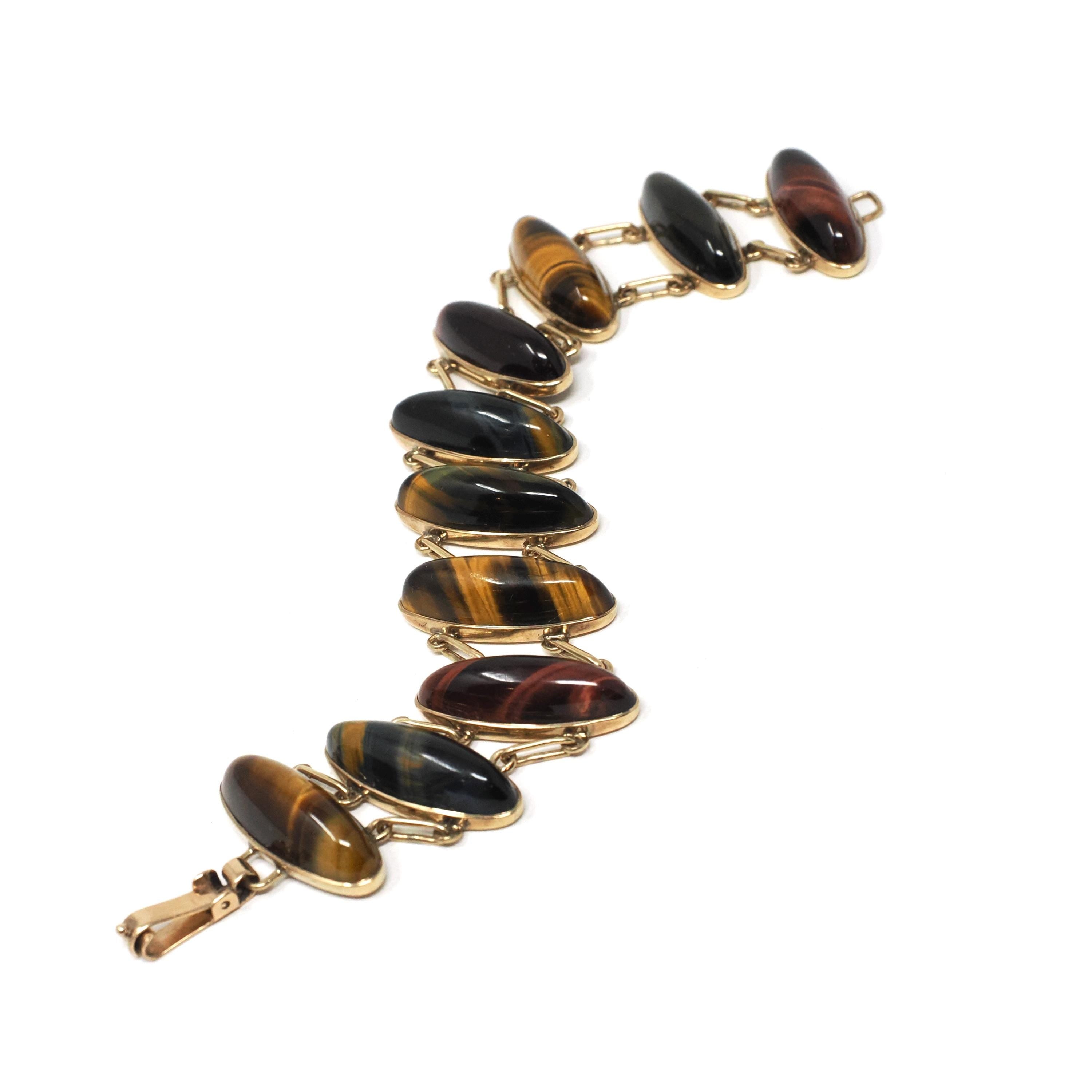 Vintage Tiger's & Hawk's Eye Bracelet - Retro 10k Yellow Gold Handmade Natural Gemstones - Circa 1970s Double Linked Brown Gem Fine Jewelry