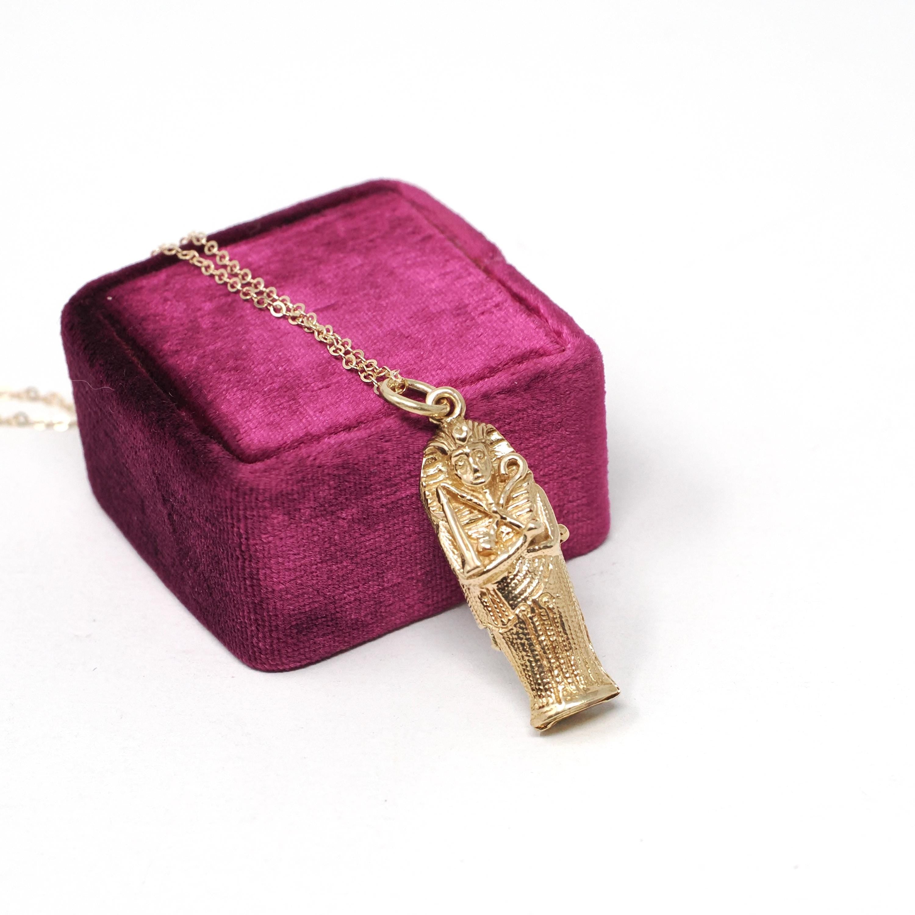 Vintage Sarcophagus Charm - Retro 9k Yellow Gold Figural Pendant Necklace - Circa 1970s Locket Egypt Egyptian Revival Mummy Fine Jewelry