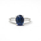 Sapphire & Diamond Ring - Estate Platinum Natural Blue Oval Gemstone And Baguette Diamond Engagement - Modern Era 2000s Era Fine Jewelry