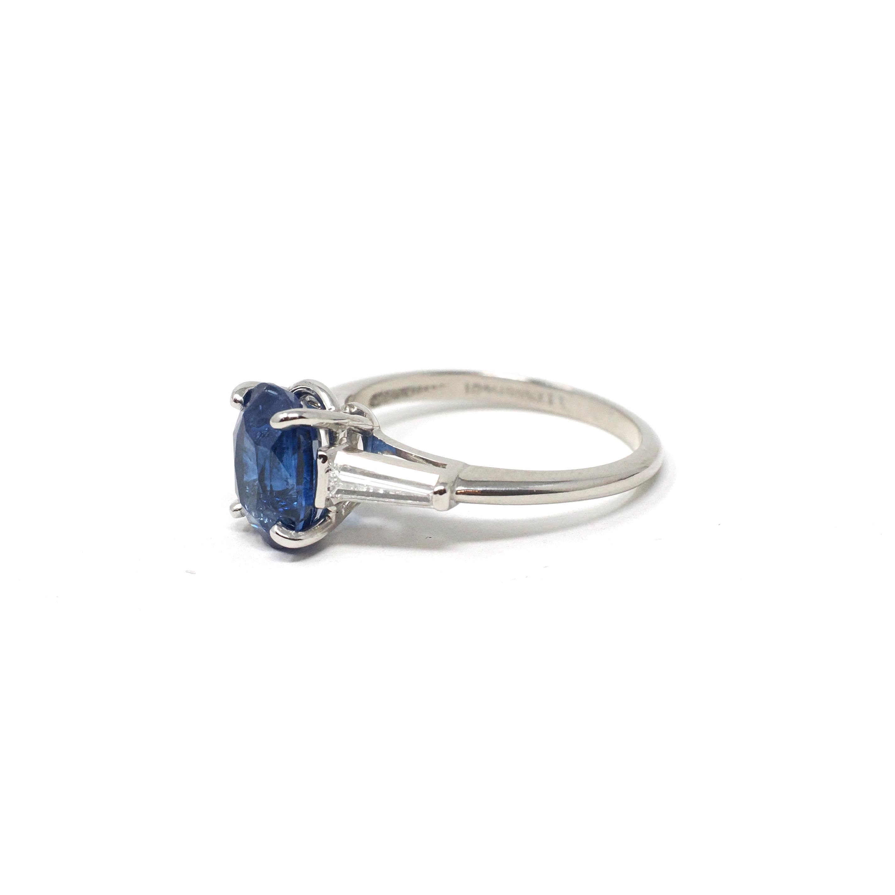 Sapphire & Diamond Ring - Estate Platinum Natural Blue Oval Gemstone And Baguette Diamond Engagement - Modern Era 2000s Era Fine Jewelry