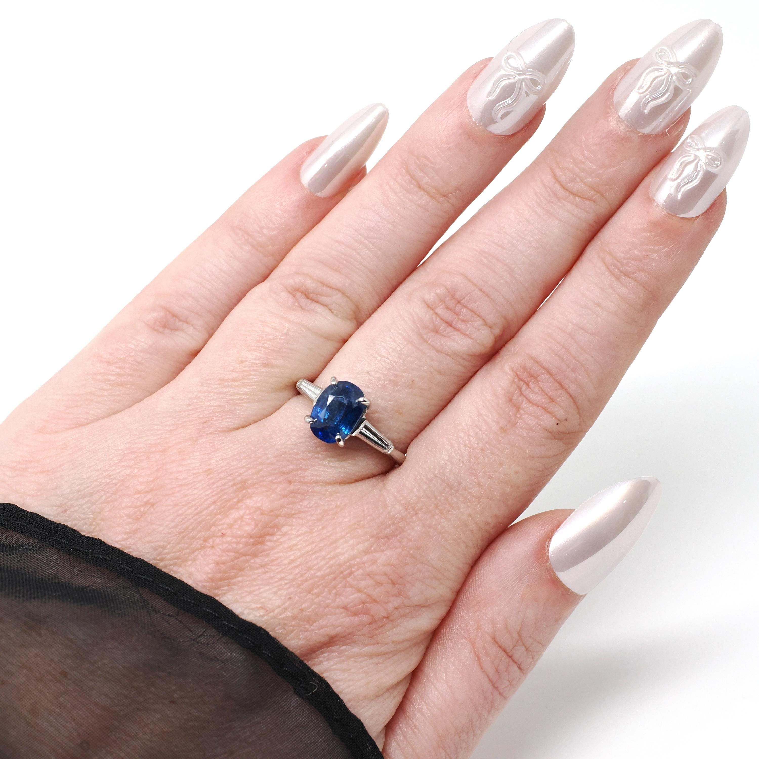 Sapphire & Diamond Ring - Estate Platinum Natural Blue Oval Gemstone And Baguette Diamond Engagement - Modern Era 2000s Era Fine Jewelry