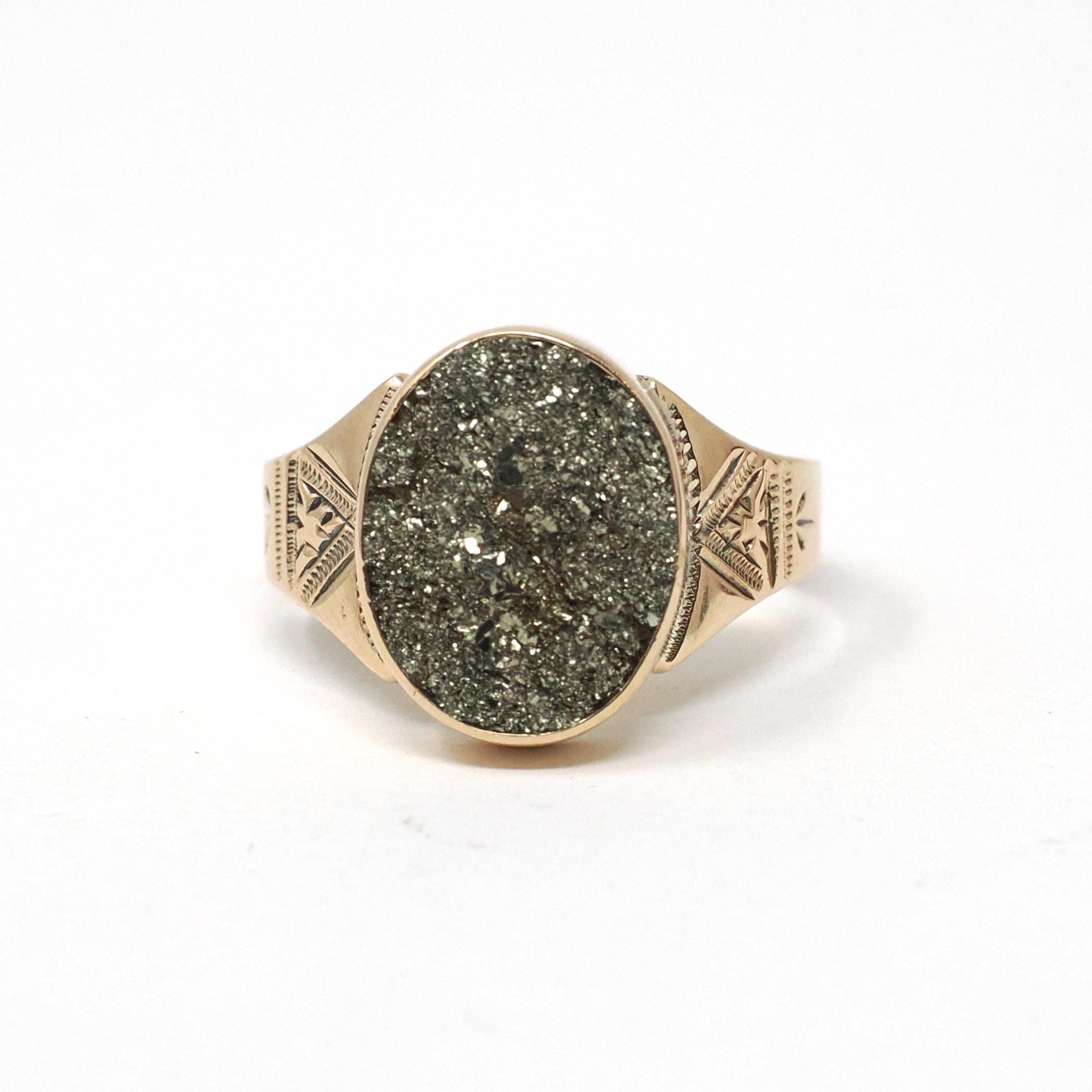 Antique Pyrite Ring - Victorian 10k Rosy Yellow Gold Druzy Crystal Bezel Solitaire - Circa 1890s Era Size 6 Metallic Sparkly Fine Jewelry
