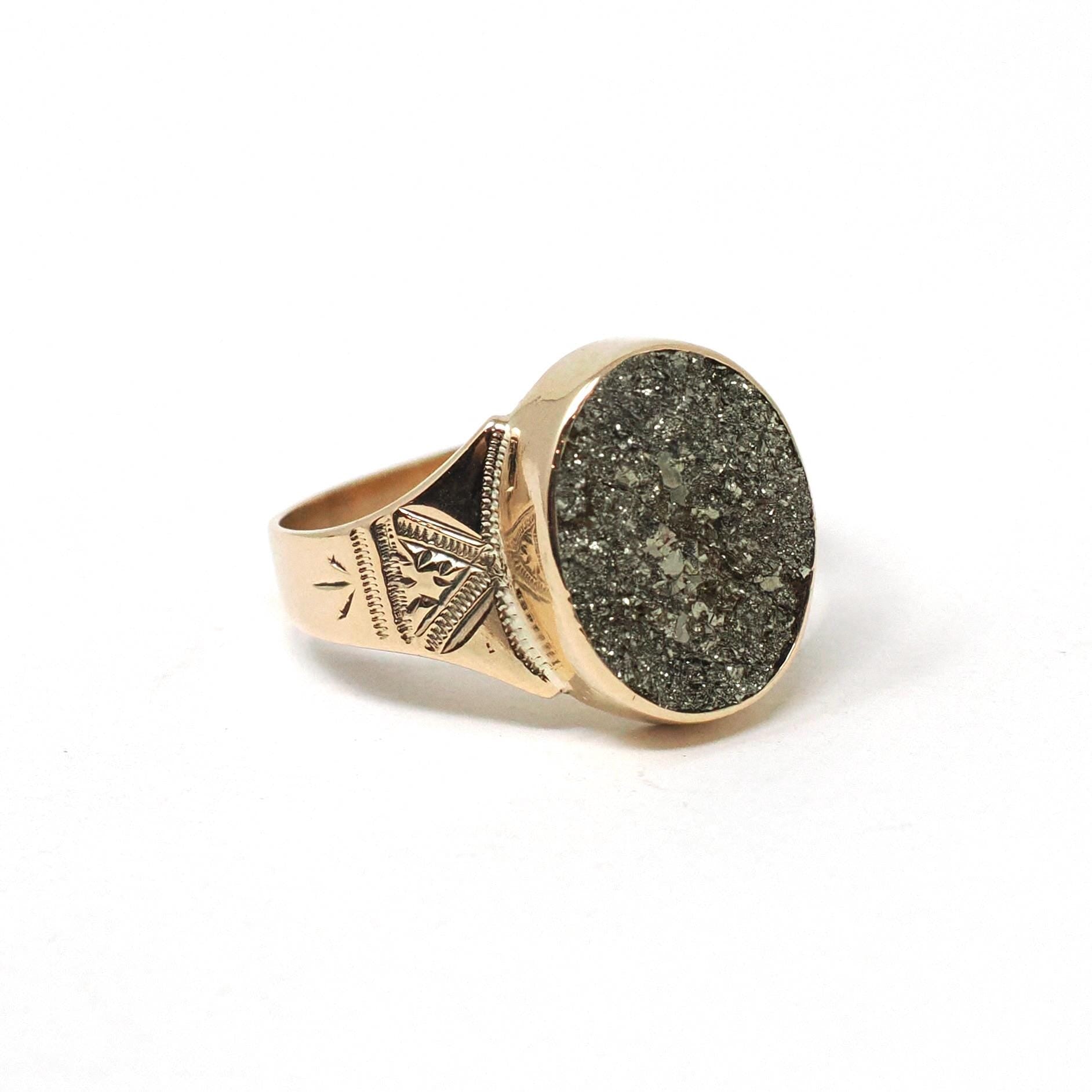Antique Pyrite Ring - Victorian 10k Rosy Yellow Gold Druzy Crystal Bezel Solitaire - Circa 1890s Era Size 6 Metallic Sparkly Fine Jewelry
