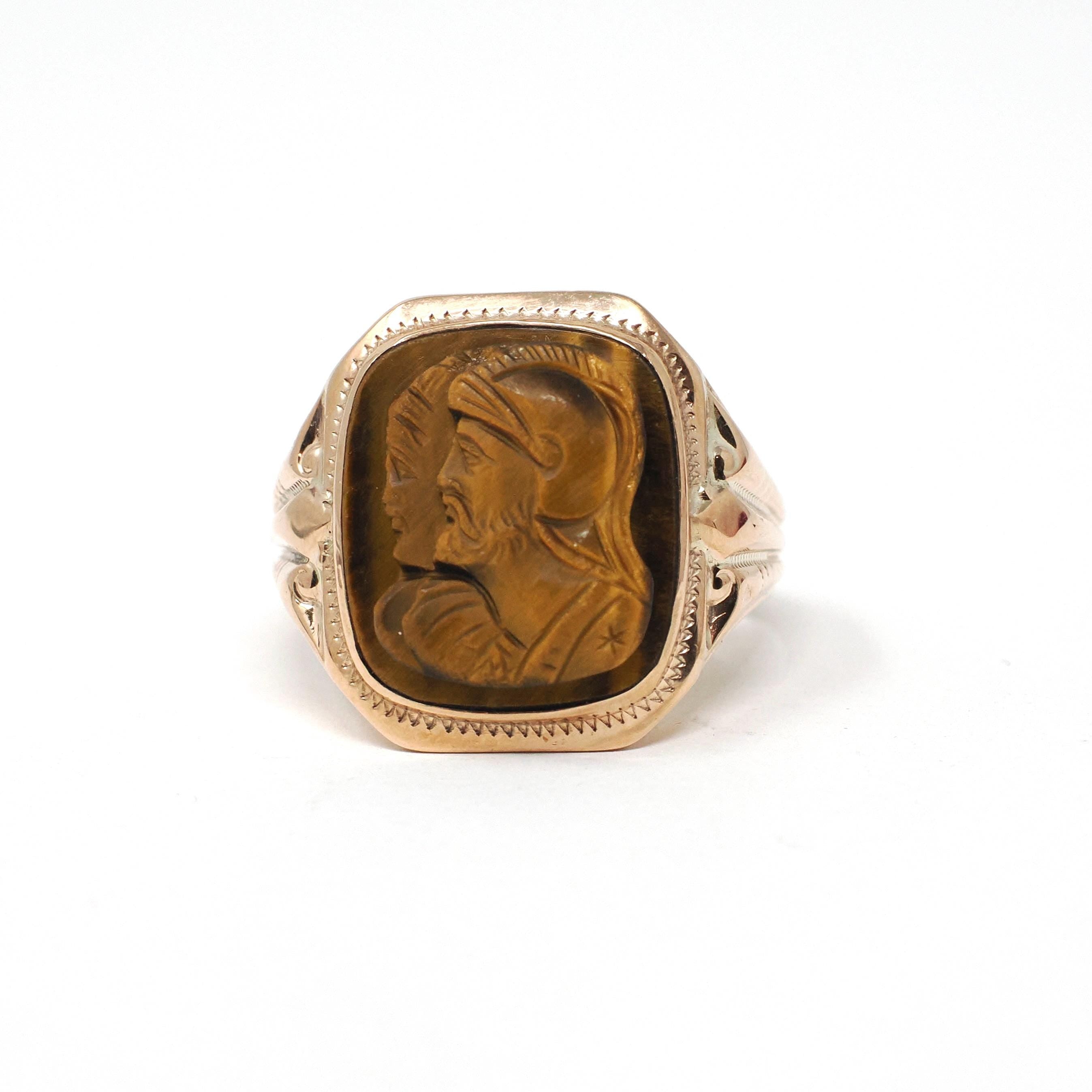 Tiger's Eye Ring - Mid Century 10k Yellow Gold Natural Carved Warrior Brown Gemstone - Vintage Circa 1940s Size 8 Statement Fine OB Jewelry