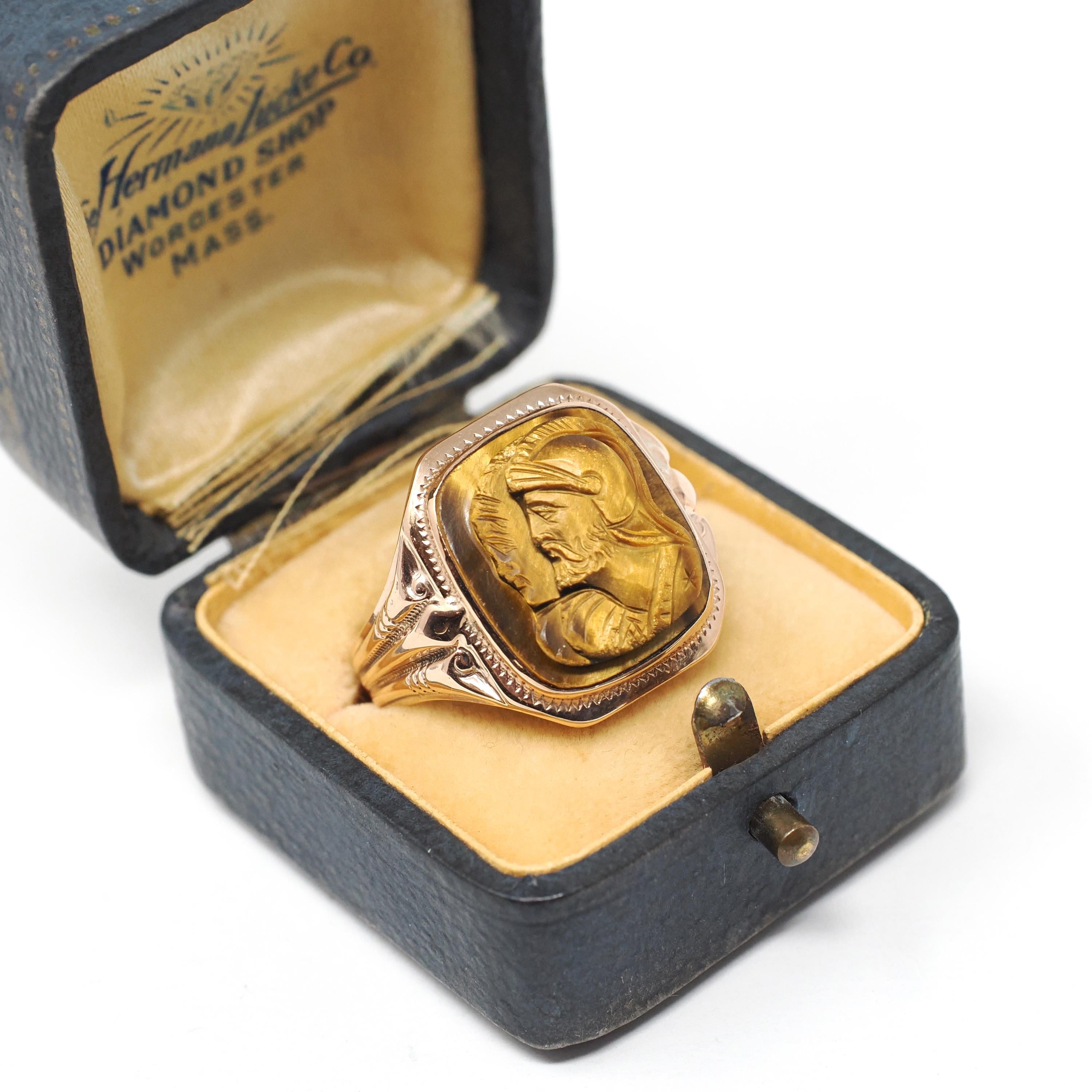 Tiger's Eye Ring - Mid Century 10k Yellow Gold Natural Carved Warrior Brown Gemstone - Vintage Circa 1940s Size 8 Statement Fine OB Jewelry
