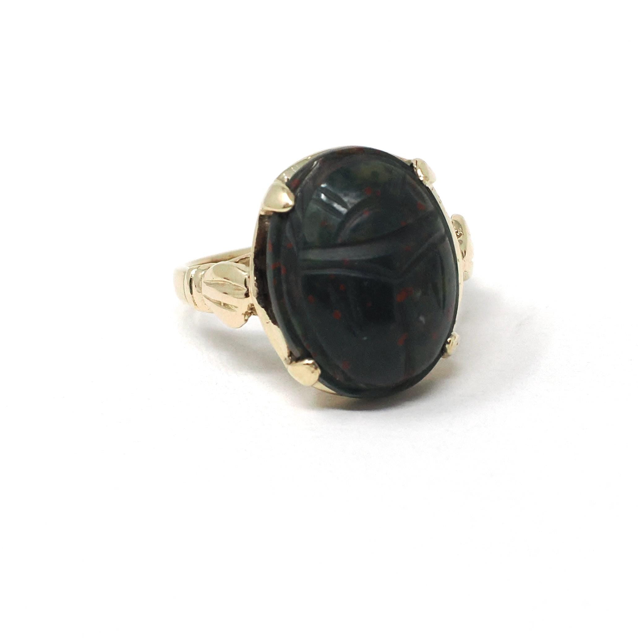 Bloodstone Scarab Ring - Retro 10k Yellow Gold Carved Natural Green Red Gem - Vintage Circa 1940s Era Size 5 1/4 Egyptian Revival Jewelry