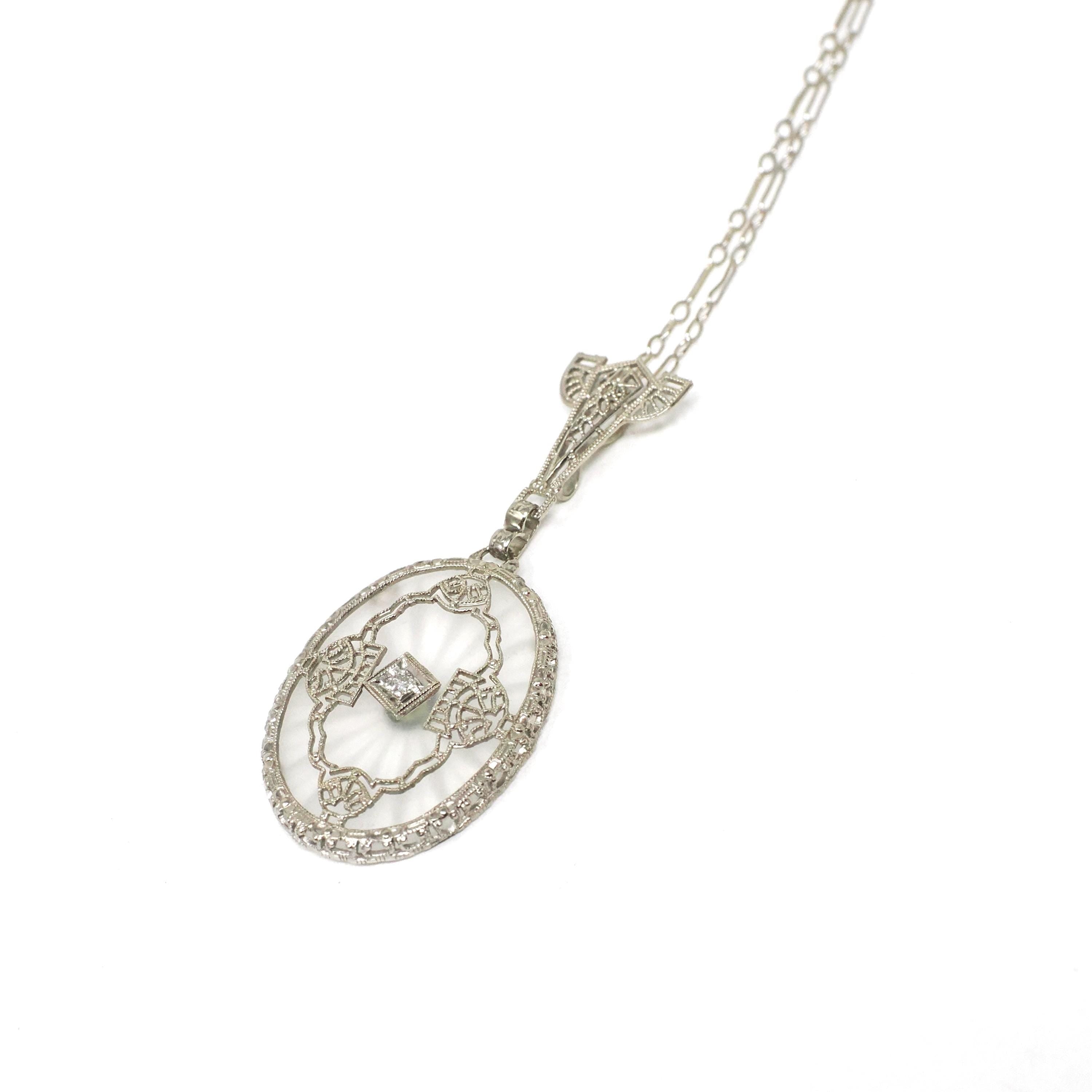 Rock Crystal Quartz Necklace - Art Deco 14k White Gold Oval Natural Diamond Pendant - Antique Circa 1920s Statement Filigree Fine Jewelry