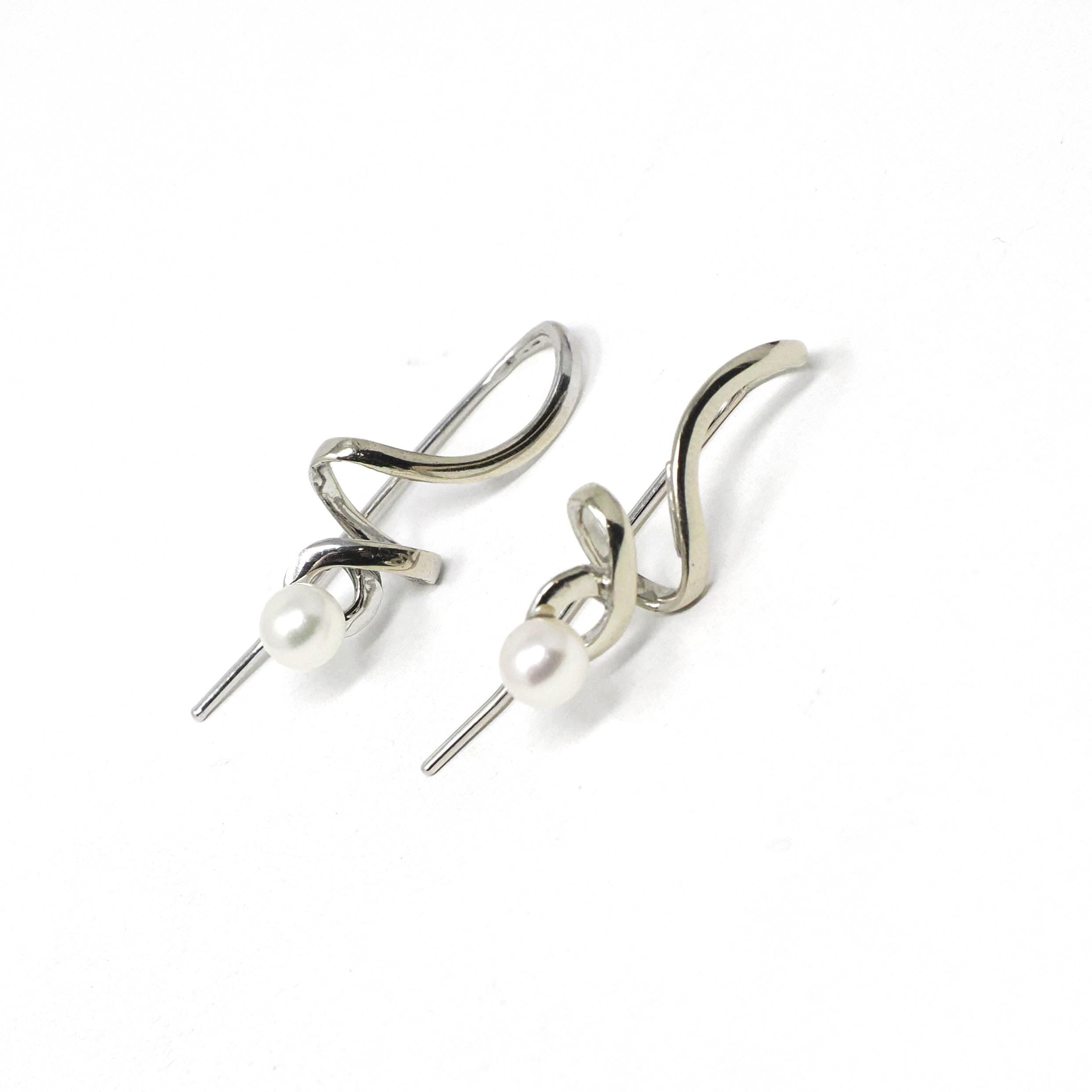 Cultured Pearl Earrings - Estate 14k White Gold Swirl Drop Natural Stone Shepherds Hook - Modern Circa 1990s Era Pierced Ears Fine Jewelry