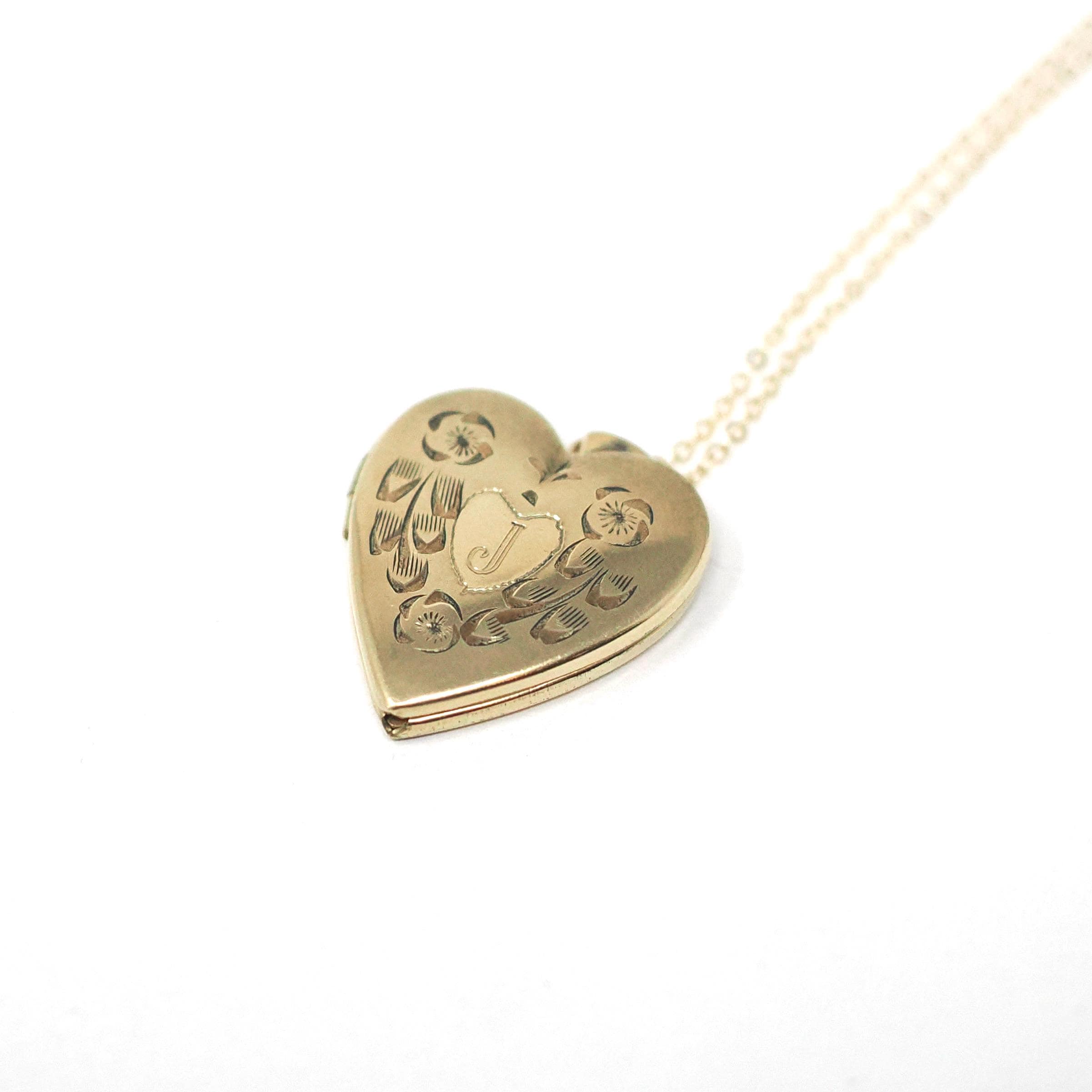 Vintage "J" Heart Locket - Estate Gold Filled Flower Pendant Necklace Charm - Vintage Circa 1980s Era Keepsake Photograph 80's Love Jewelry