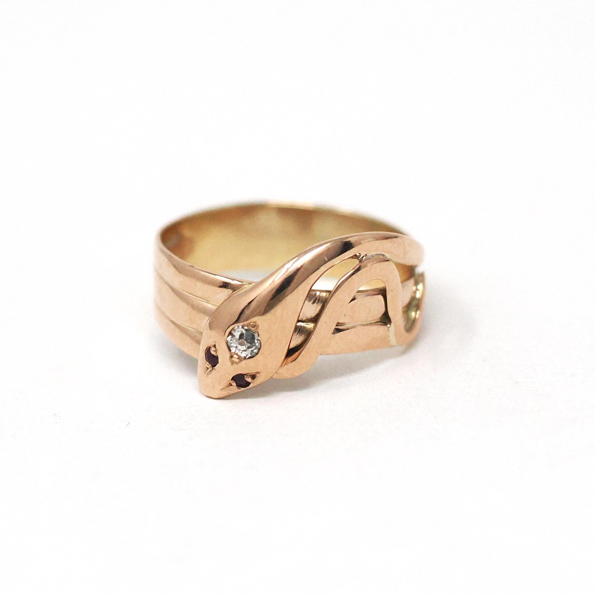 Antique Snake Ring - Victorian 10k Rose Gold Rubies & Diamond Gemstone Band - Vintage Circa 1890s Era Size 8 3/4 Coiled Serpent Fine Jewelry