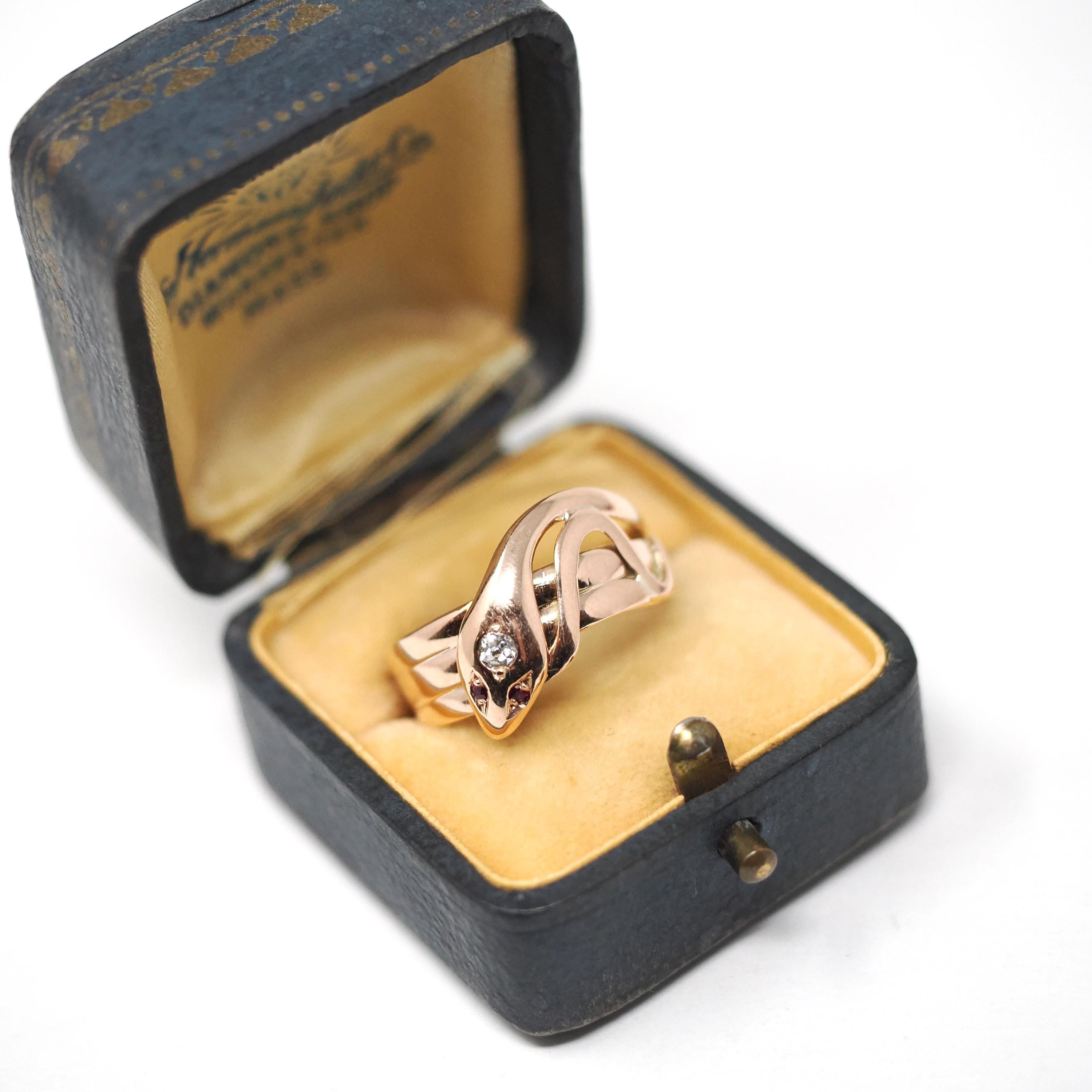 Antique Snake Ring - Victorian 10k Rose Gold Rubies & Diamond Gemstone Band - Vintage Circa 1890s Era Size 8 3/4 Coiled Serpent Fine Jewelry
