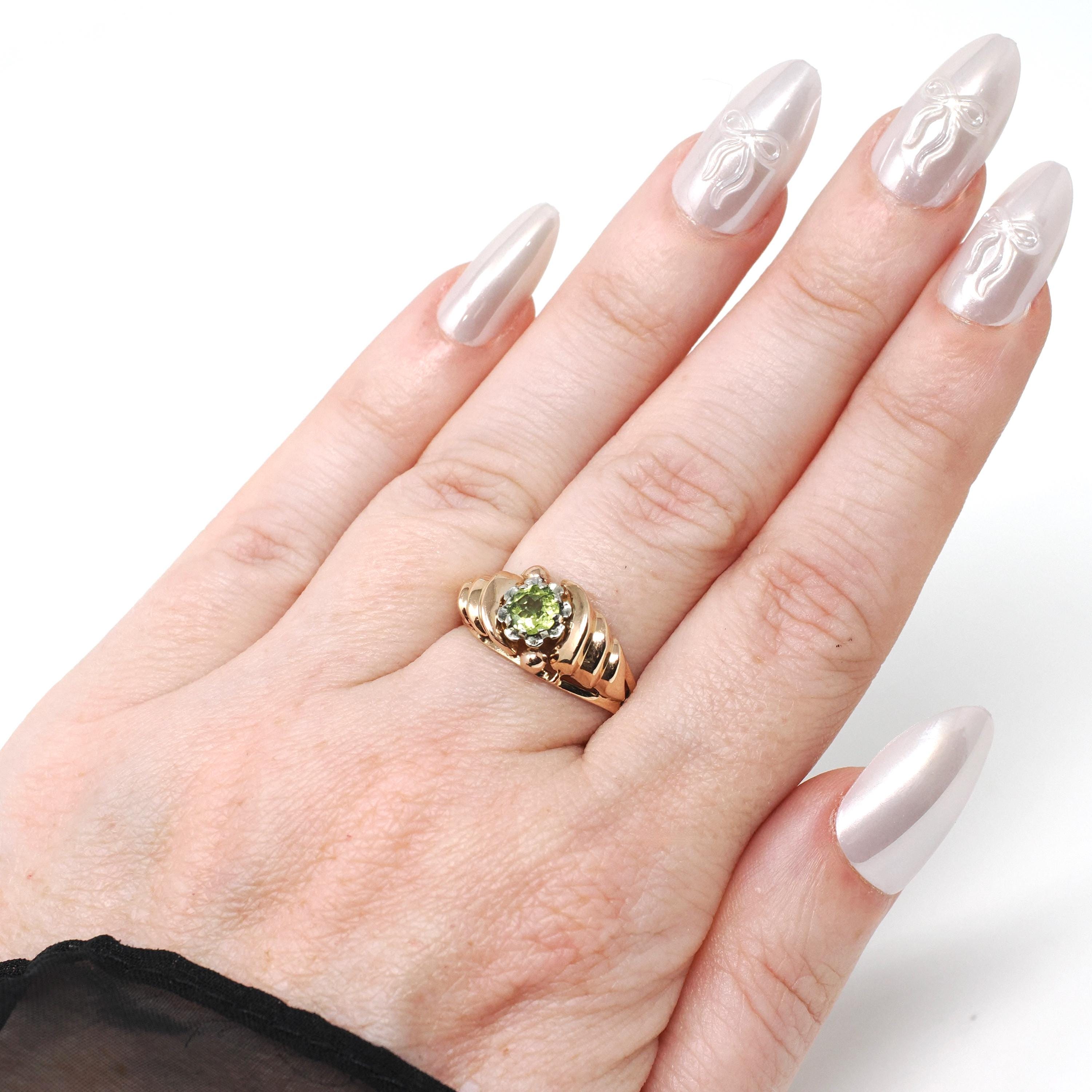 Estate Peridot Ring - Modern Era 18k Rosy Yellow Gold Natural Green Gem - Estate Flower Two Tone Size 5 3/4 Solitaire Croissant Fine Jewelry