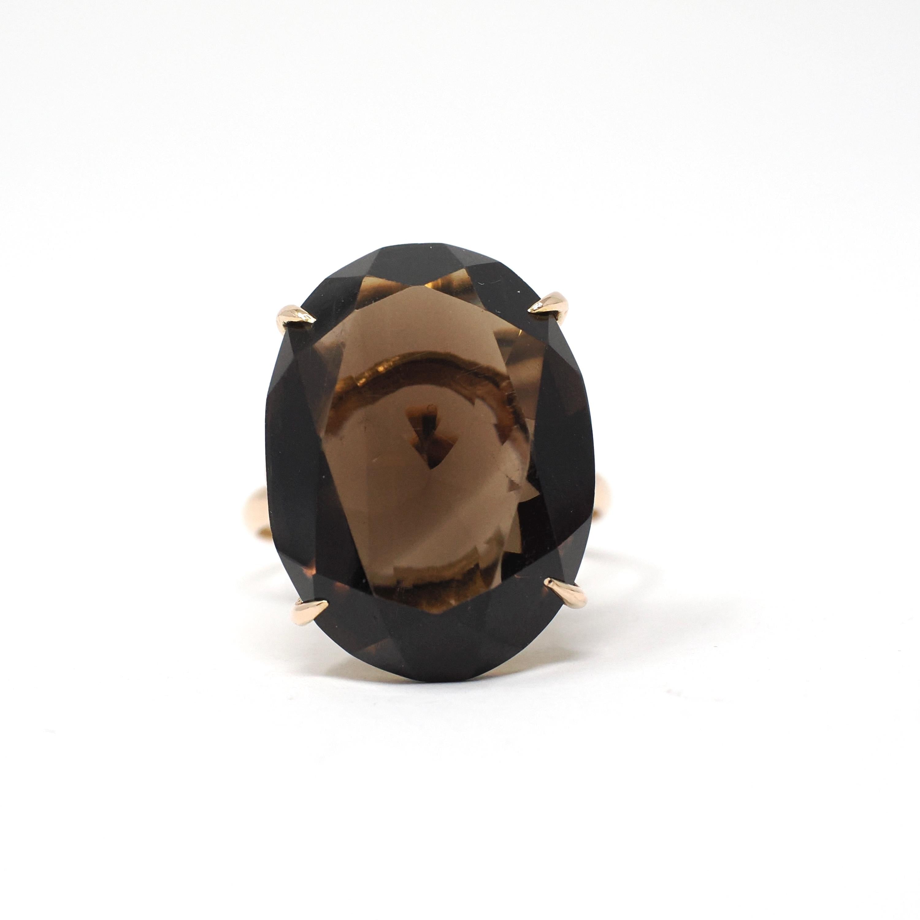 Smoky Quartz Ring - Retro 14k Yellow Gold Oval Faceted 12.15 CT Dark Brown Gemstone - Vintage Circa 1970s Era Size 7 Statement Fine Jewelry