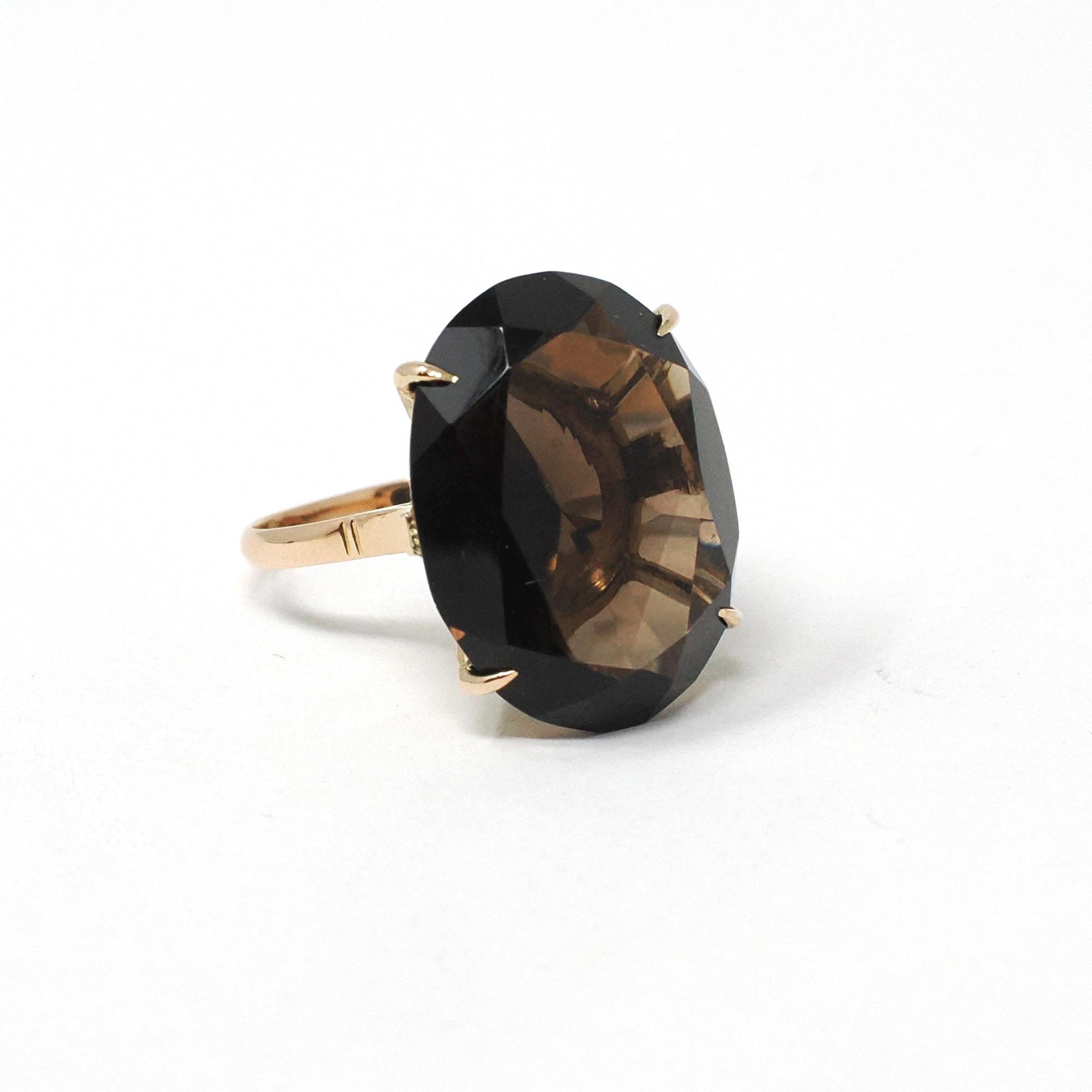 Smoky Quartz Ring - Retro 14k Yellow Gold Oval Faceted 12.15 CT Dark Brown Gemstone - Vintage Circa 1970s Era Size 7 Statement Fine Jewelry
